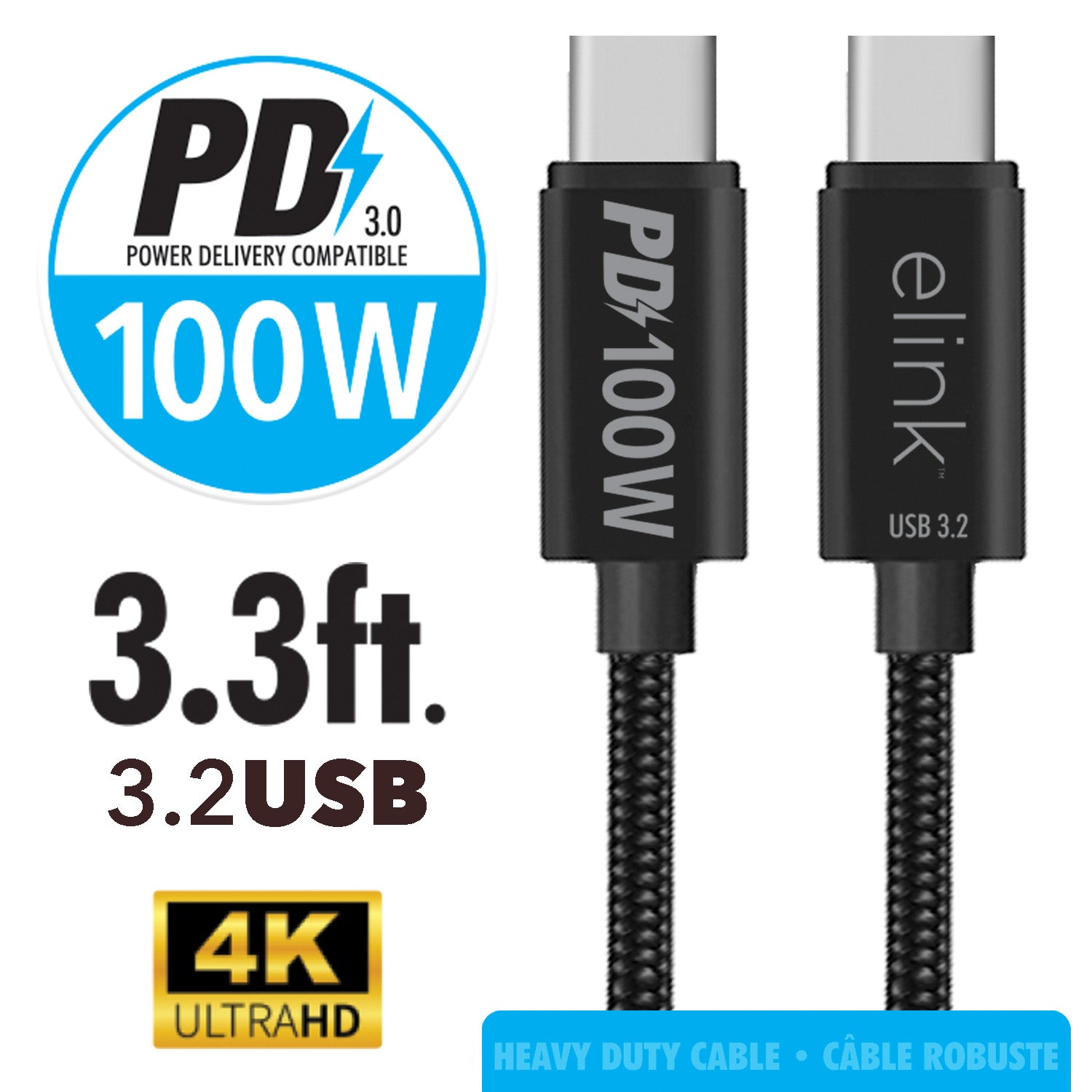 USB-C Fast Charging Cable 3.3 ft 100W, 4K Ultra HD