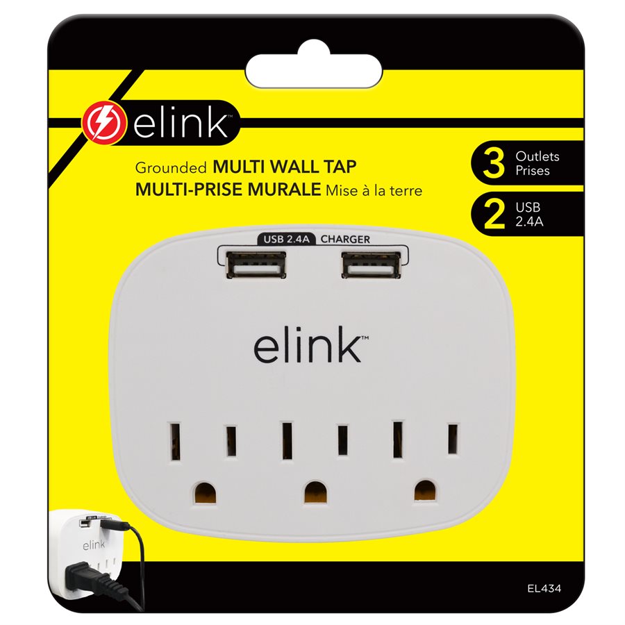 3-Outlet Wall Tap with 2 USB Ports, 2.4 A
