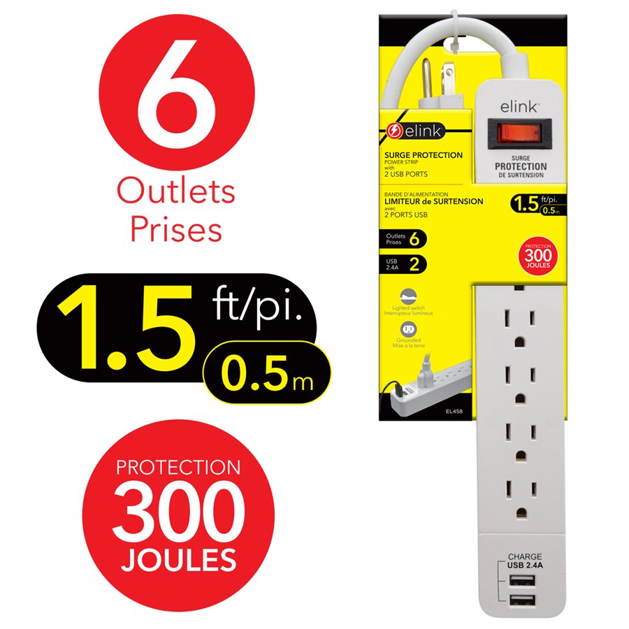 6-Outlet Power Bar with Surge Protection and 2 USB Ports, 1.5 ft Power, 300 Joules