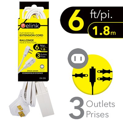 6 Ft. 3-Outlet Indoor Extension Cord with Flat-Head Plug