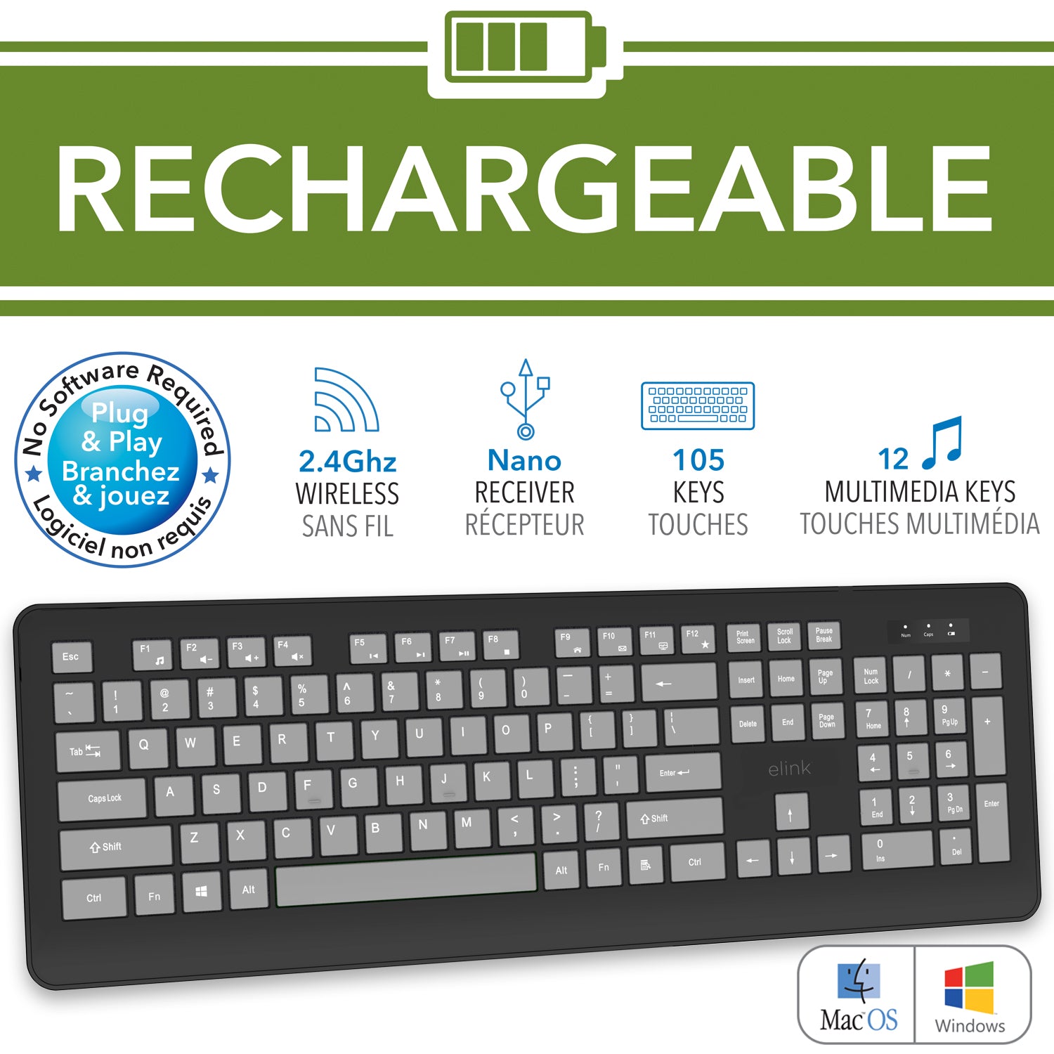 Elink Rechargeable Wireless Keyboard, Black