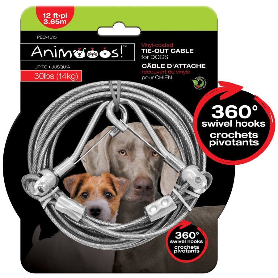 12ft Vinyl-Coated Steel Tie-Out Cable for Dogs up to 30lbs, 0.14" Diameter