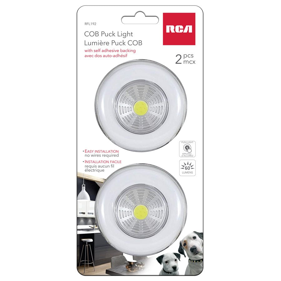 RCA COB LED Stick-On Puck Light, Pack of 2