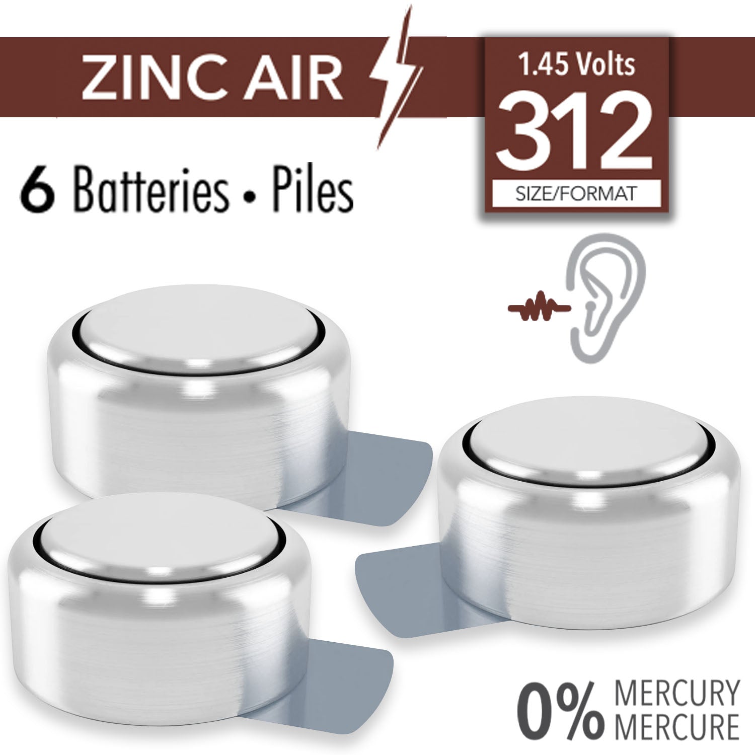 RCA Size 312 Hearing Aid Batteries, 6-Pack