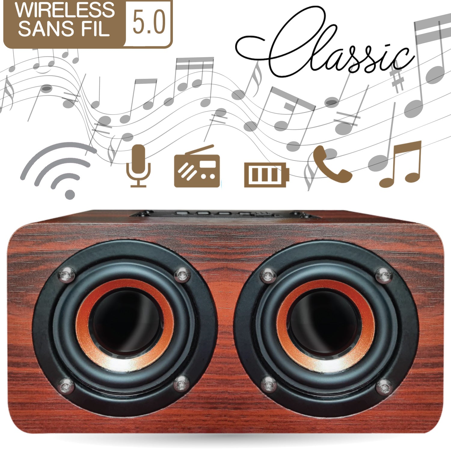 Classic Dark Wood Wireless Speaker with FM Radio