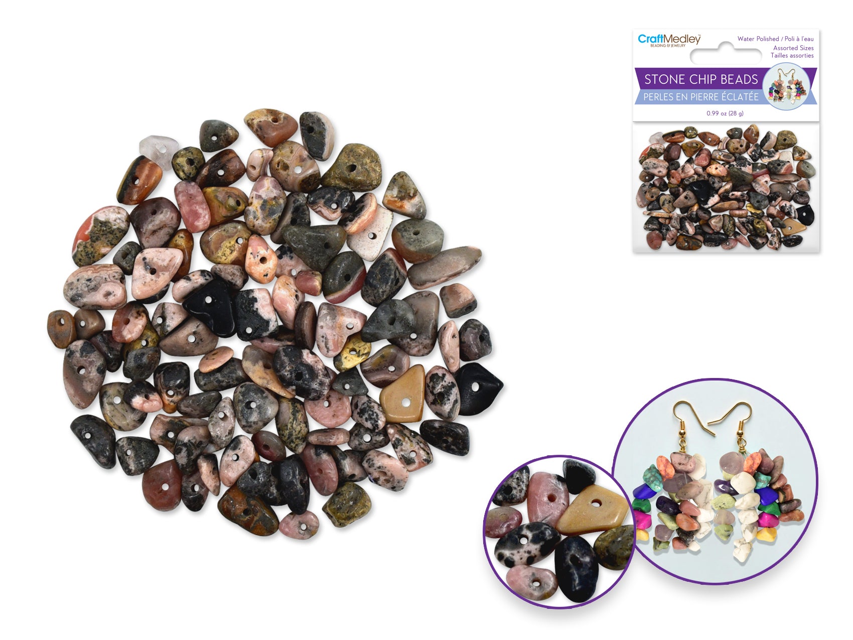 Polished Stone Chip Beads, Granite, 5-8mm, 28g
