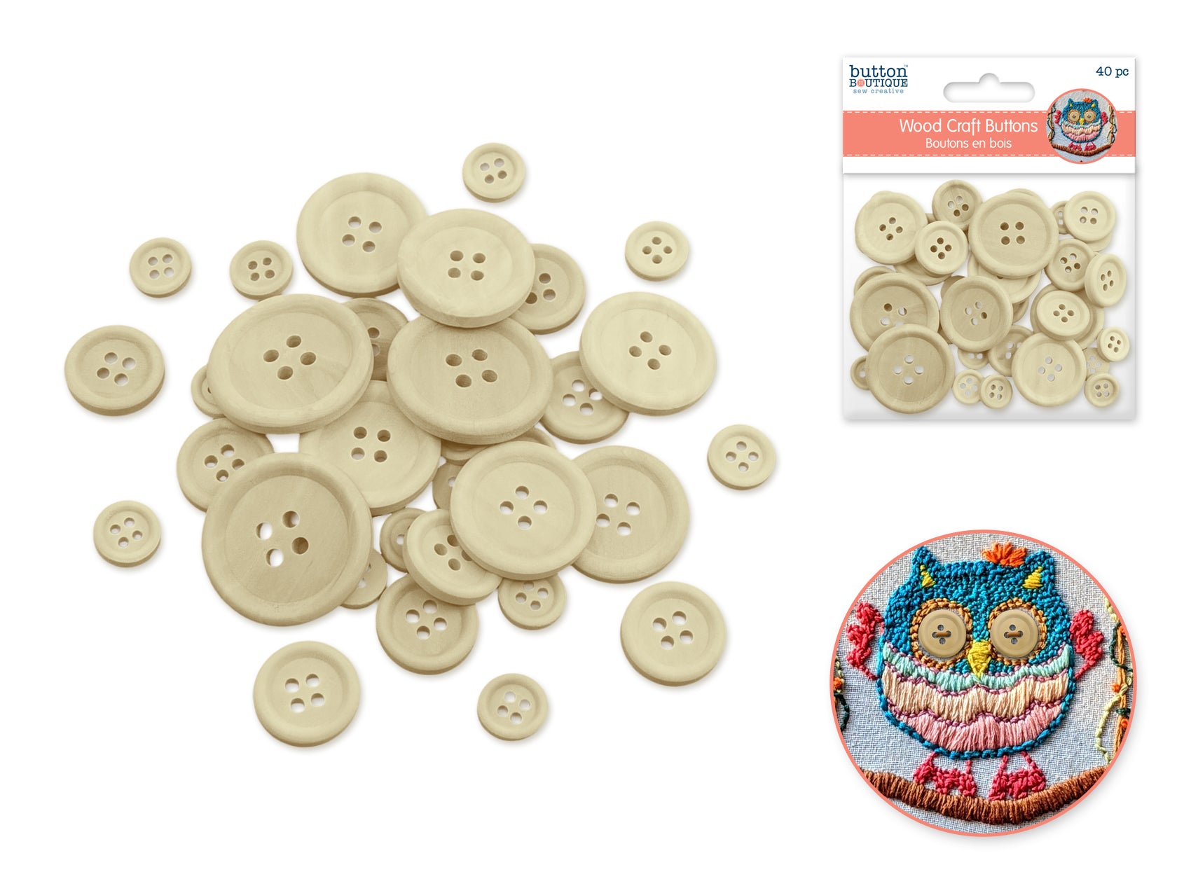 Wood Craft Button Medley, 40 Pieces, Natural