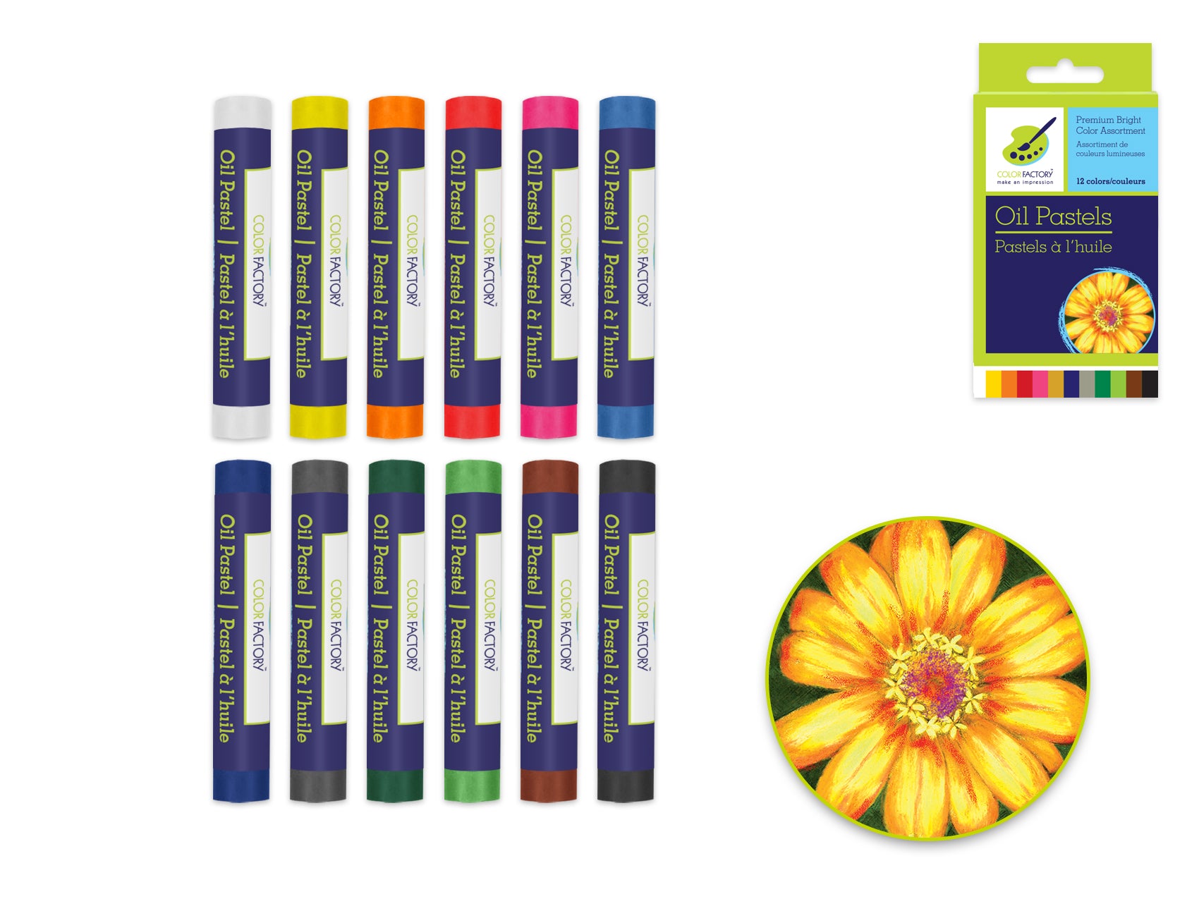 Color Factory Oil Pastels, Bright Colors, 12 Count