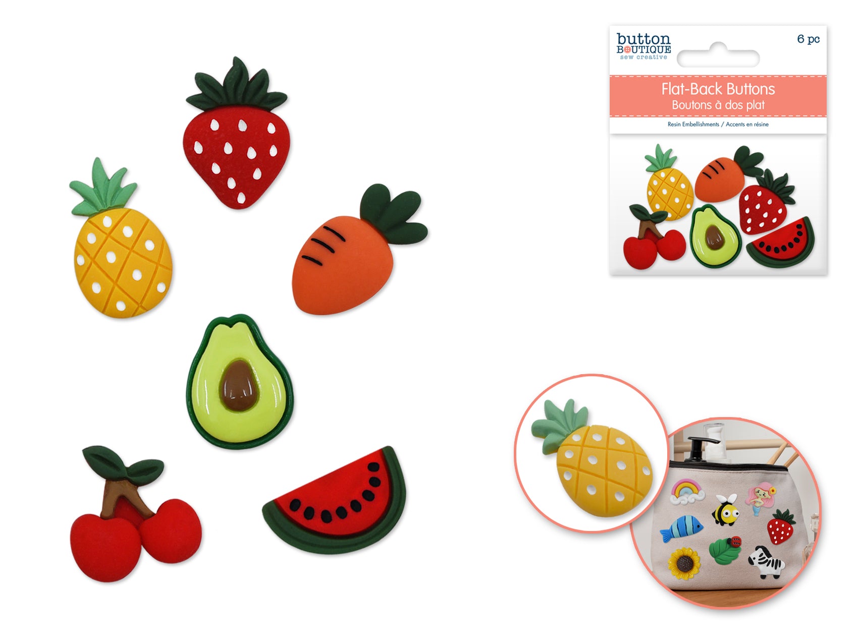 Button Boutique Fruit Platter Flat-Back Resin Buttons, 6-Piece Assorted