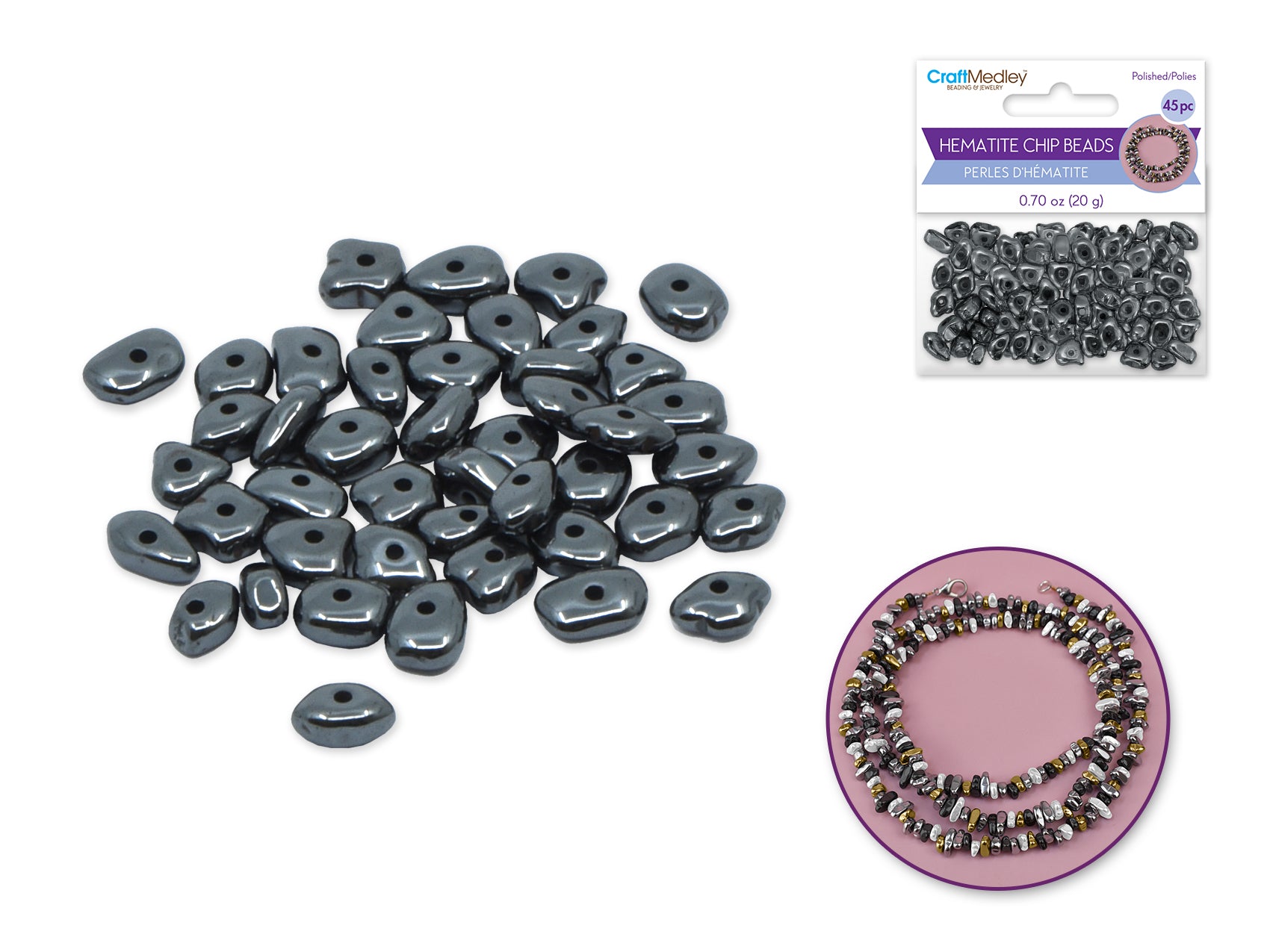 Polished Hematite Chip Beads, Gun Metal Grey, 20g (Approx. 45 Pieces)