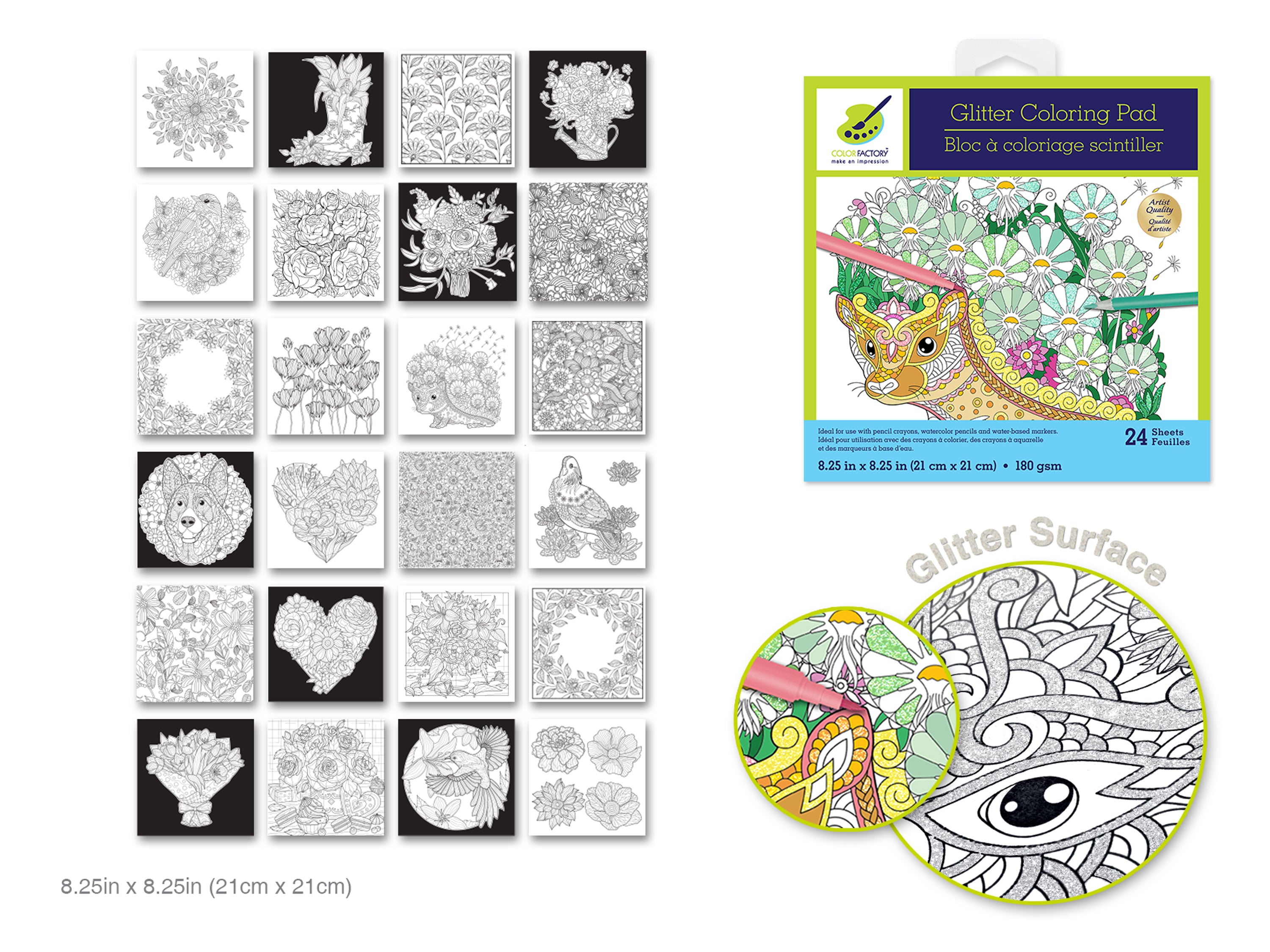 Color Factory Glitter Coloring Pad, Bouquet Brilliance, 8.25" x 8.25", 24 Sheets