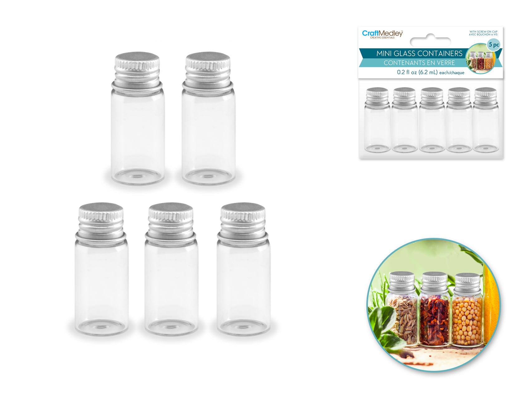 Mini Glass Bottles with Matte Aluminum Cap, 5-Pack