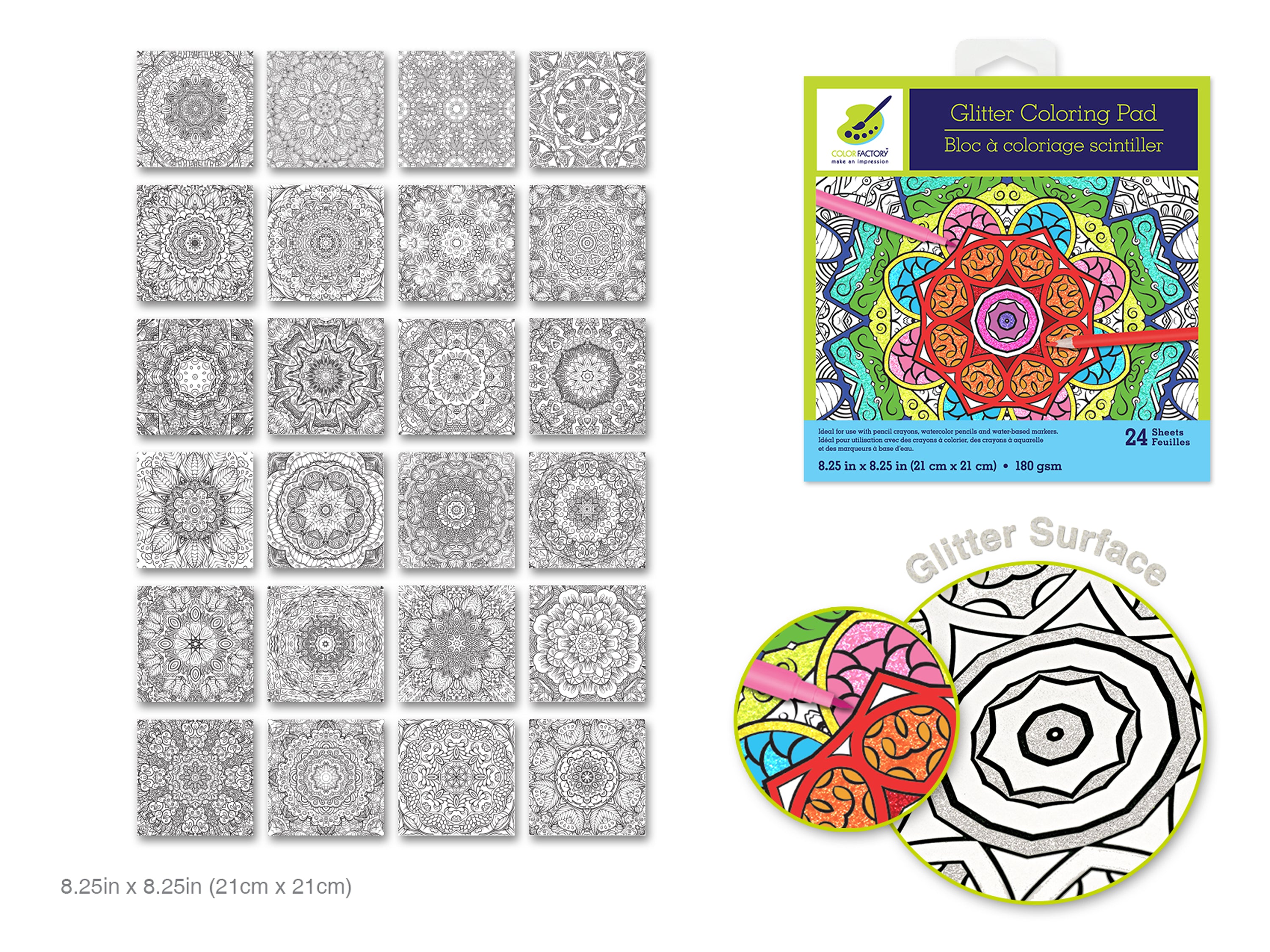 Glitter Coloring Pad Mandala Mania 8.25" x 8.25" 24 Sheets