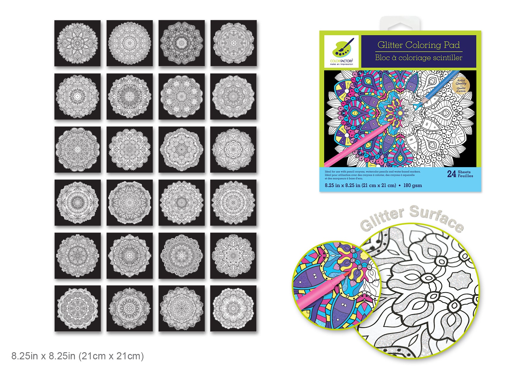 Color Factory Glitter Coloring Pad, Classic Mandala, 8.25" x 8.25", 24 Sheets
