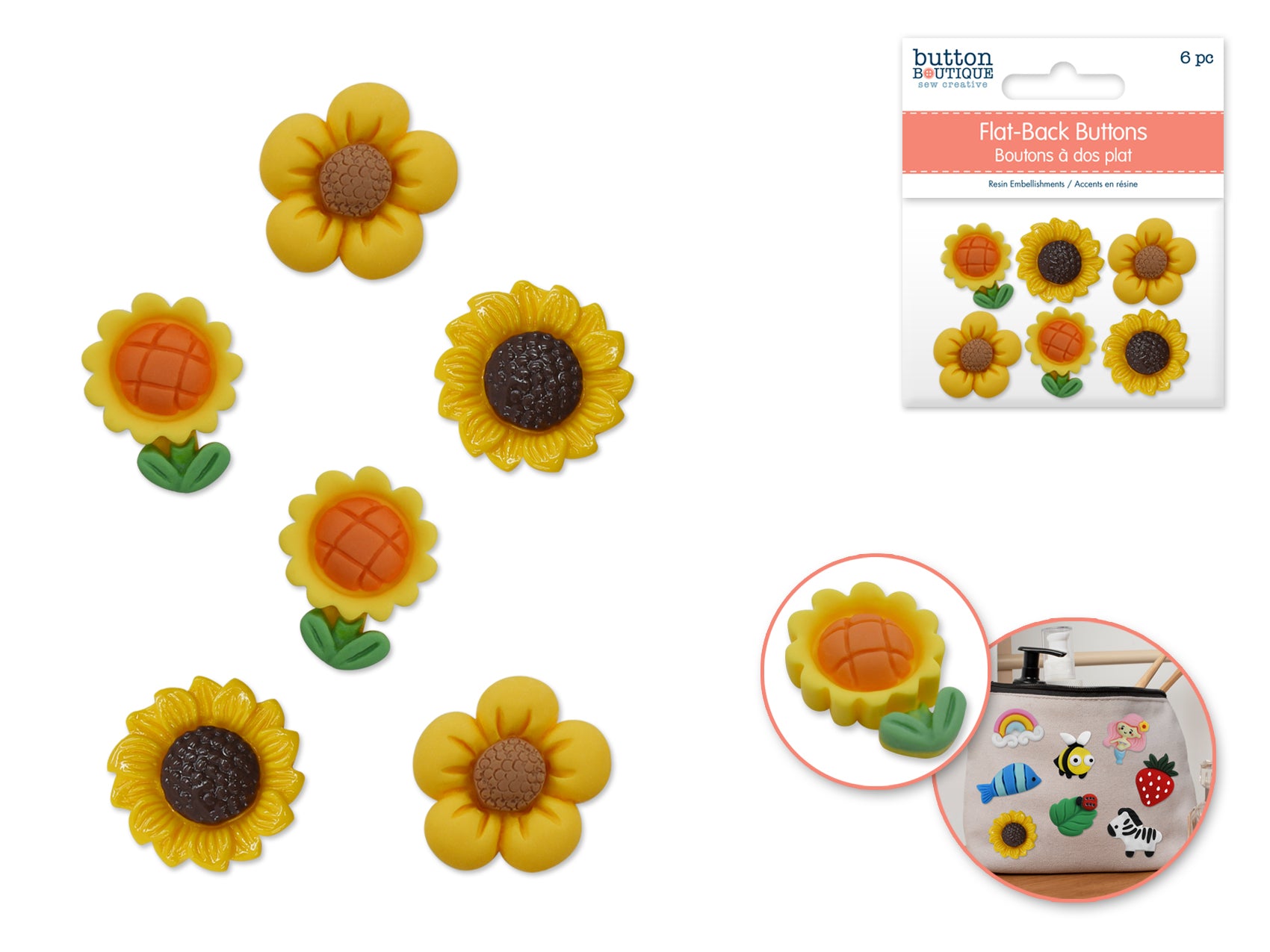 Sunflower Splash Flat-Back Resin Buttons, 6 Piece