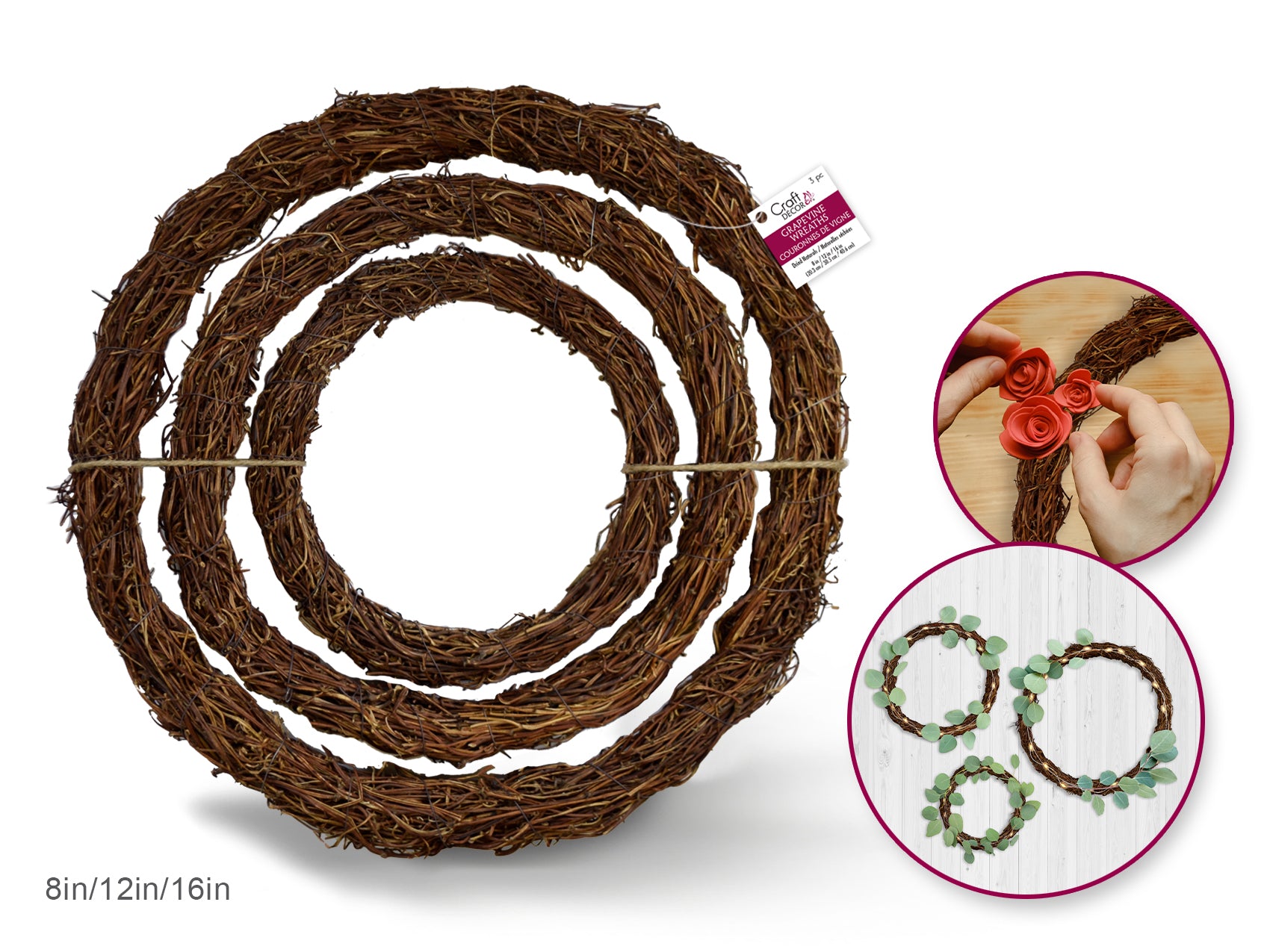 Craft Decor Dried Natural Grapevine Wreath Set of 3