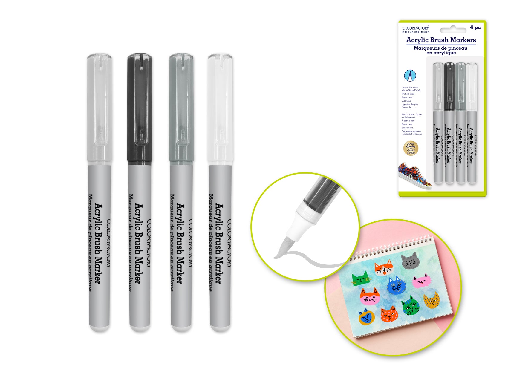 Color Factory Liquid Acrylic Paint Brush Markers, 4-Pack, Classic Colors