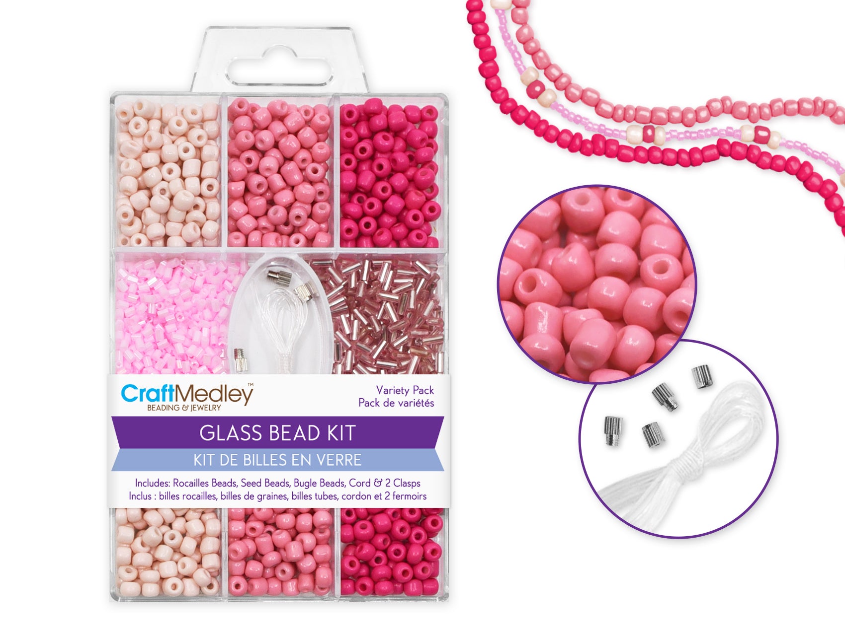 Pink Glass Bead Kit with Cord and Clasps