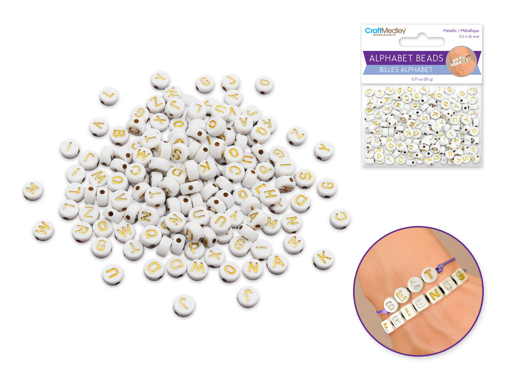 Metallic White and Gold Alphabet Beads, 6mm Round, 20g