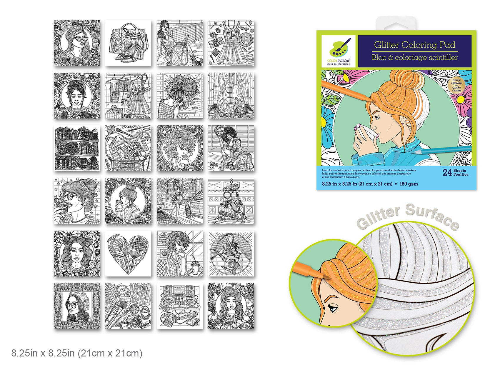 Glitter Coloring Pad, 8.25" x 8.25", 24 Sheets