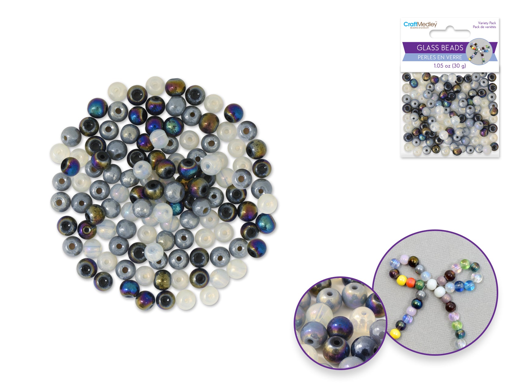 Glass Beads, 6mm Round, 30g, AB Polish Effect