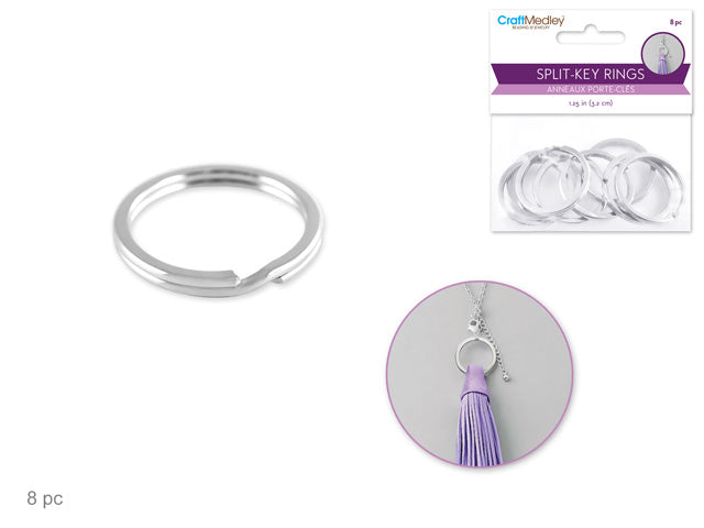 1.25" Heavy Duty Silver Split Key Rings, 8 Pack