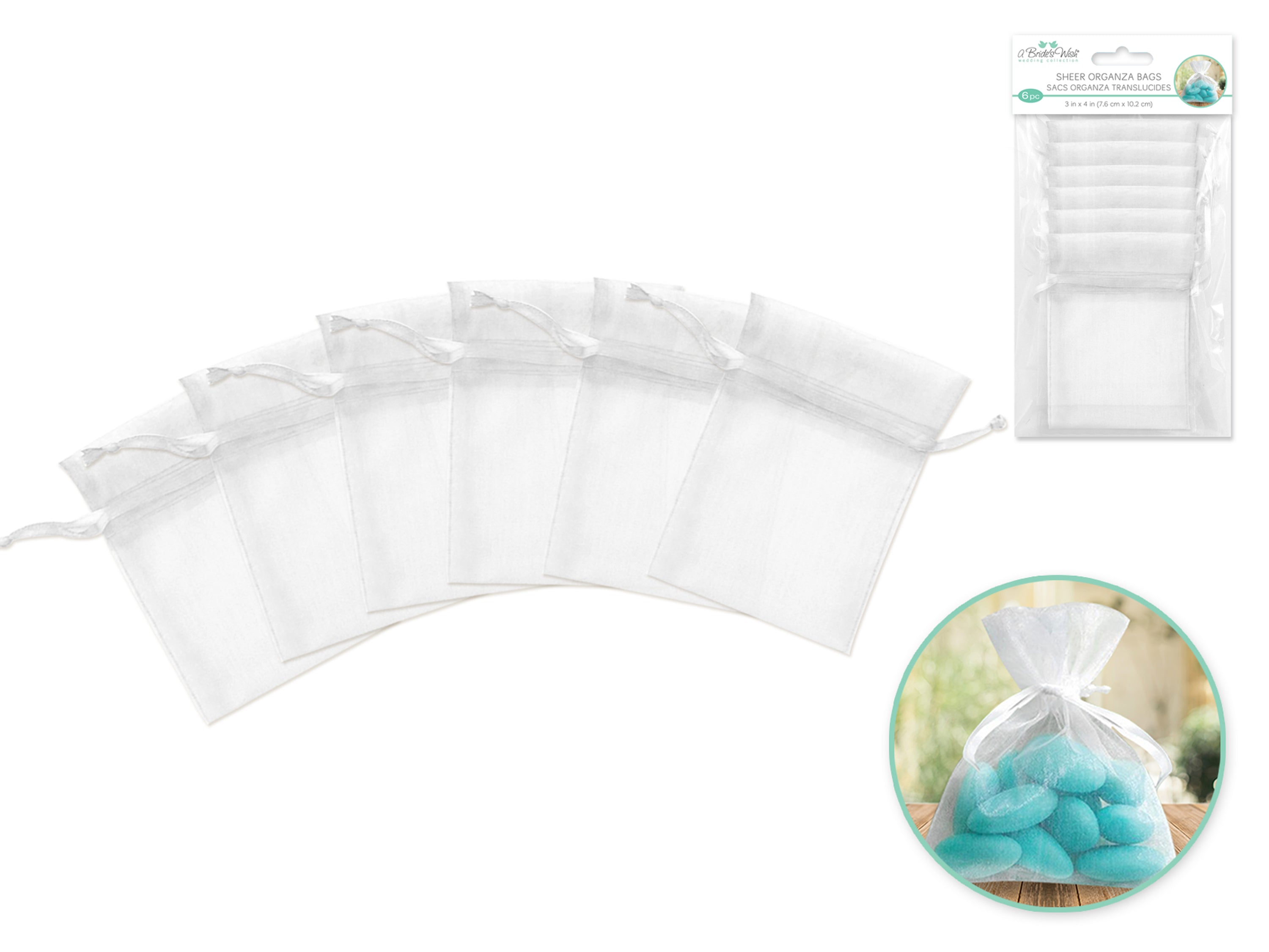 White Sheer Organza Gift Bags with Ribbon, 3" x 4", 6 Pack