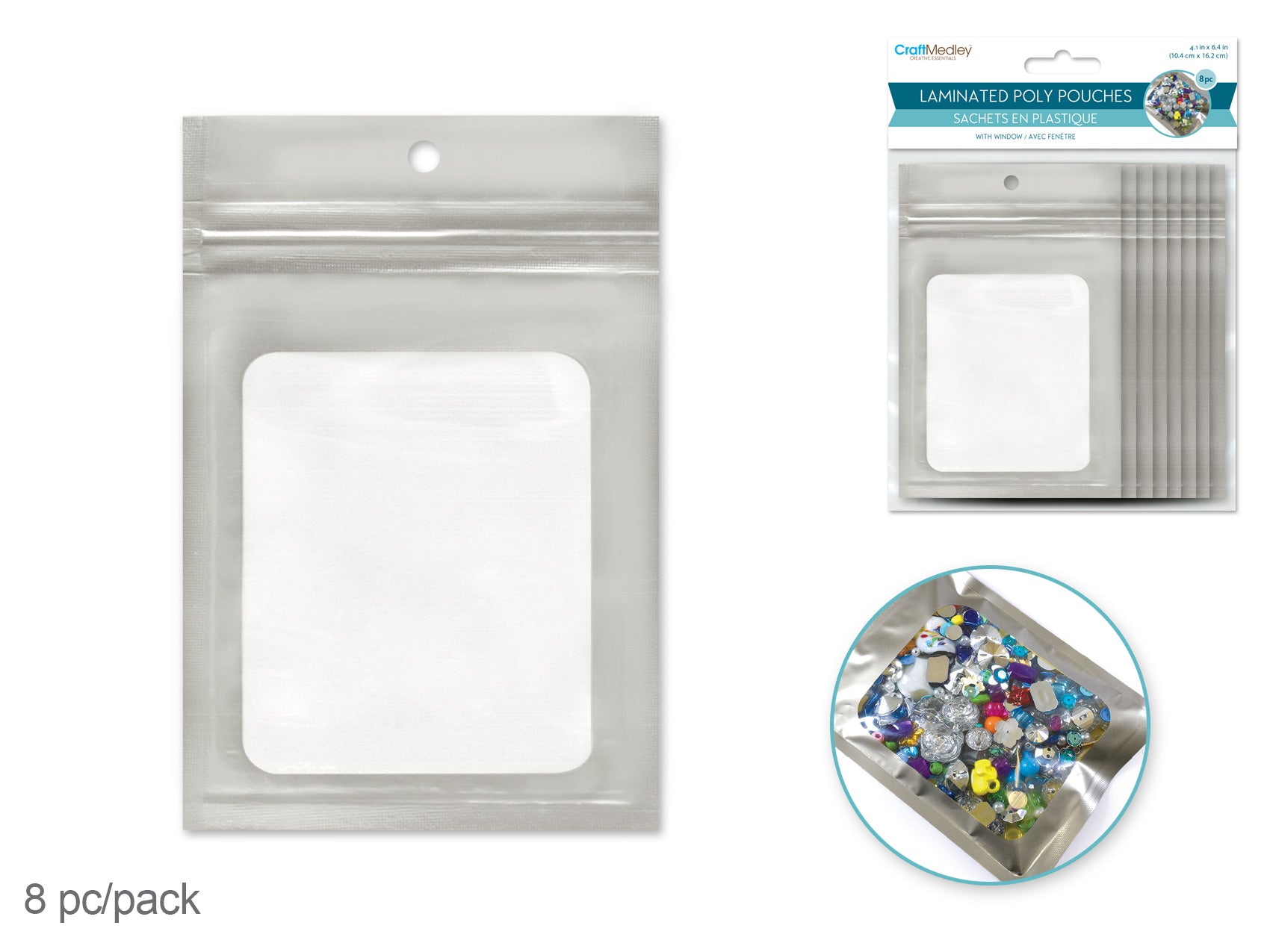 Craft Medley Resealable Poly Pouches with Window, Silver, 4.1" x 6.4" (8 Count)