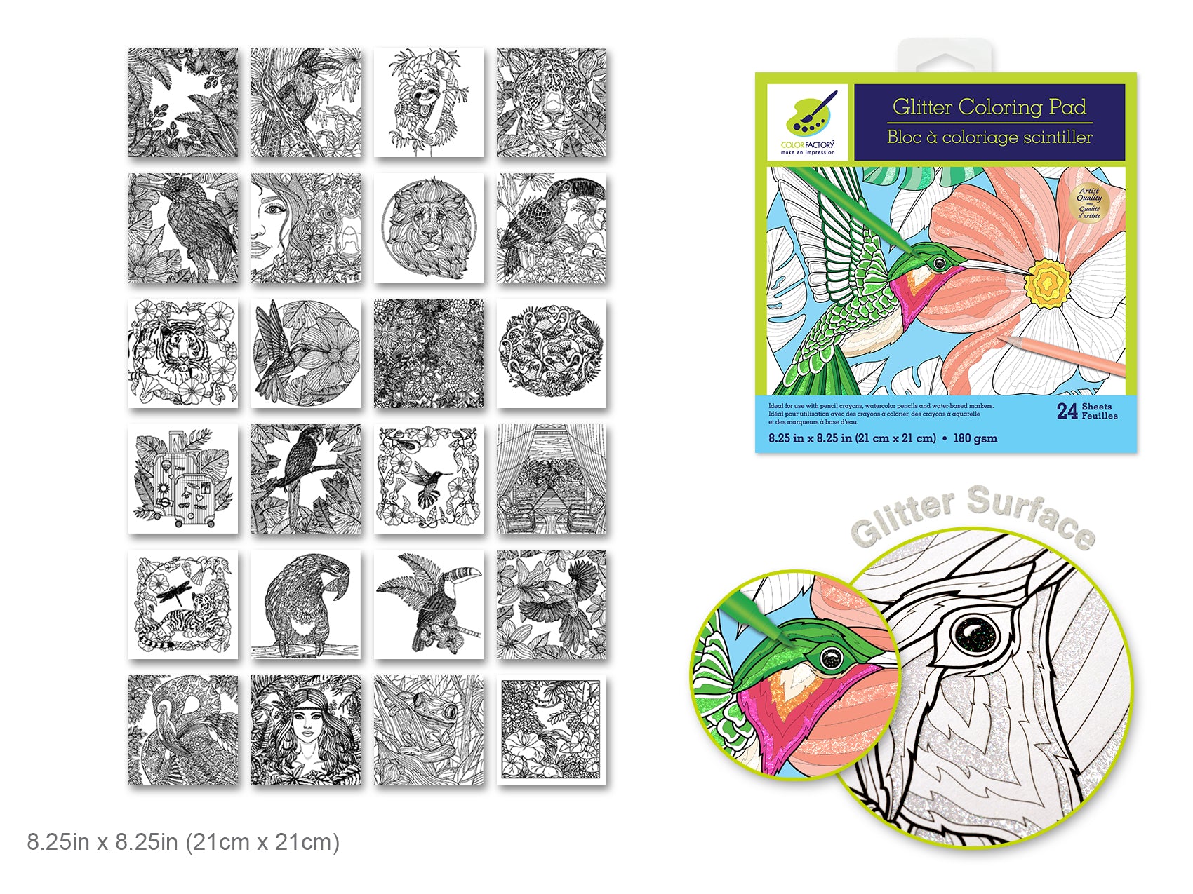 Glitter Coloring Pad: Exotic Animals, 8.25" x 8.25", 24 Sheets