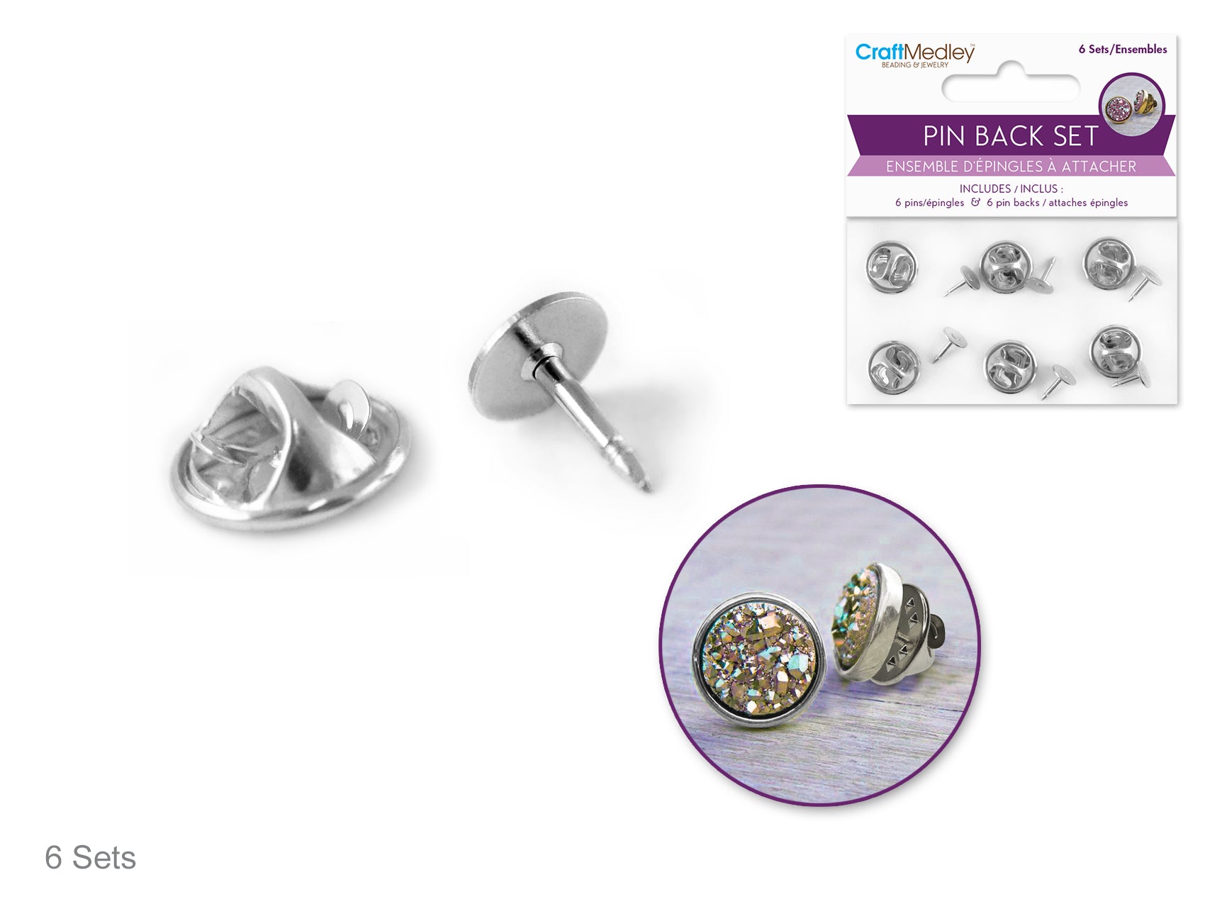 Silver Pin Back and Pin Set, 6 Pack