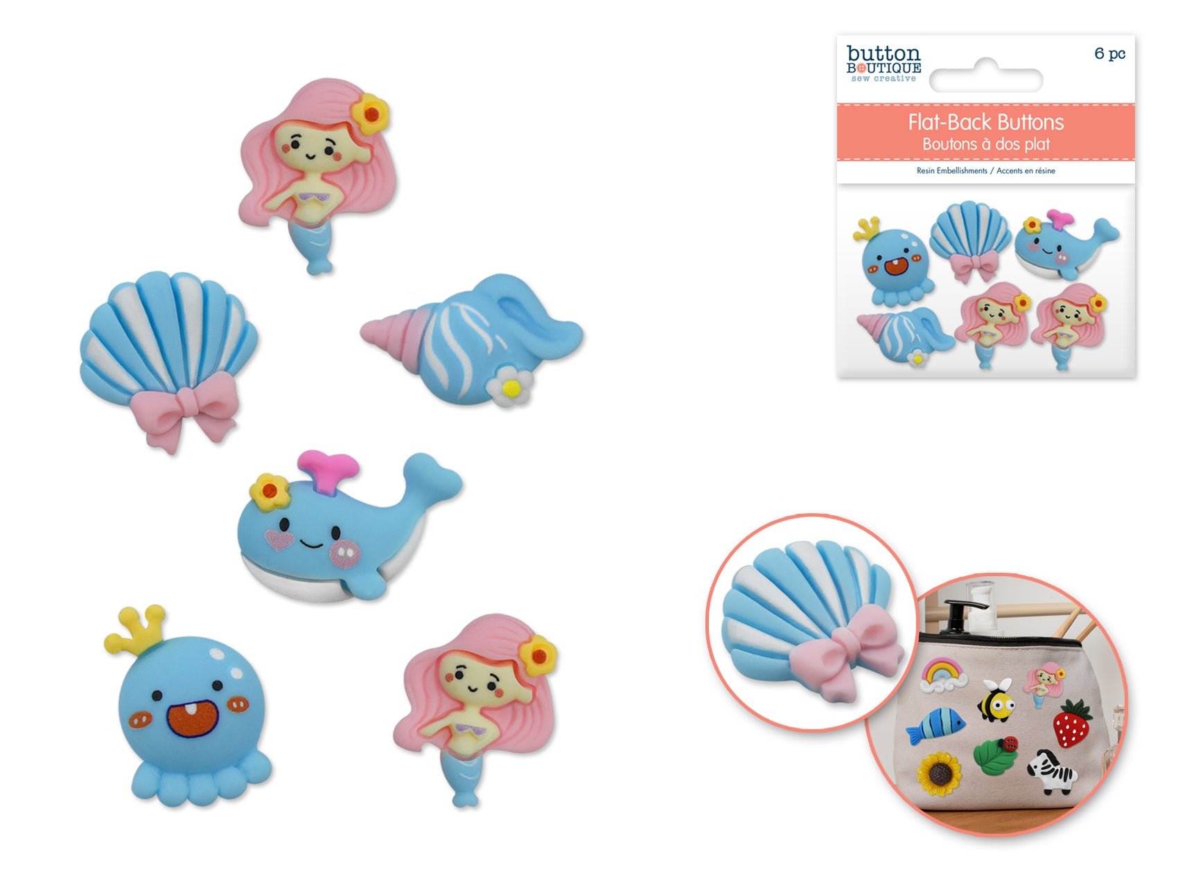 Mermaid Pals Flat-Back Resin Buttons, 6 Pack