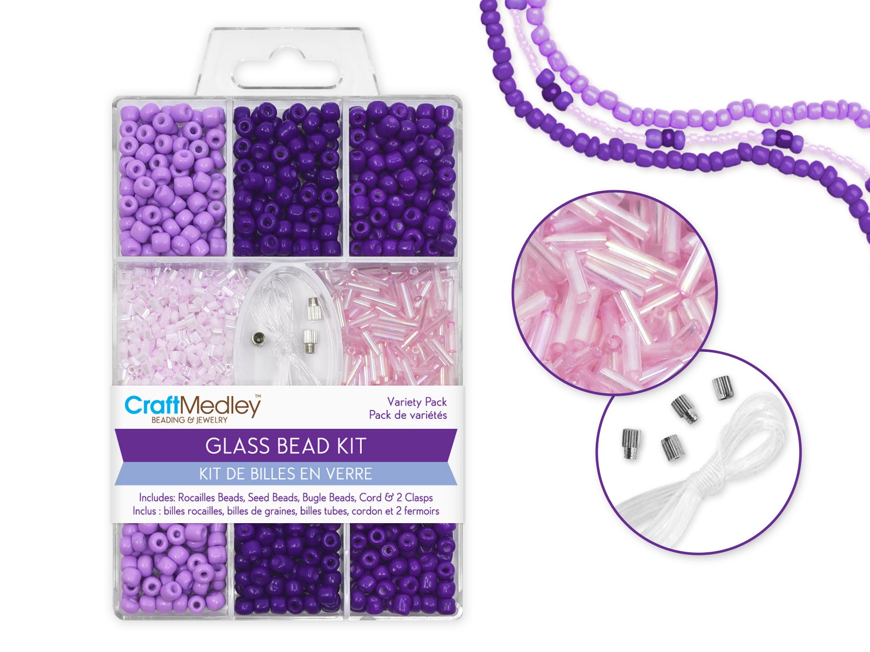 Purple Glass Bead Kit with Cord and Clasps
