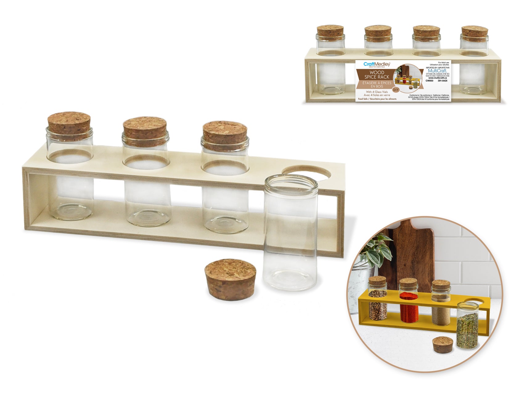 Wooden Spice Rack with 4 Glass Jars