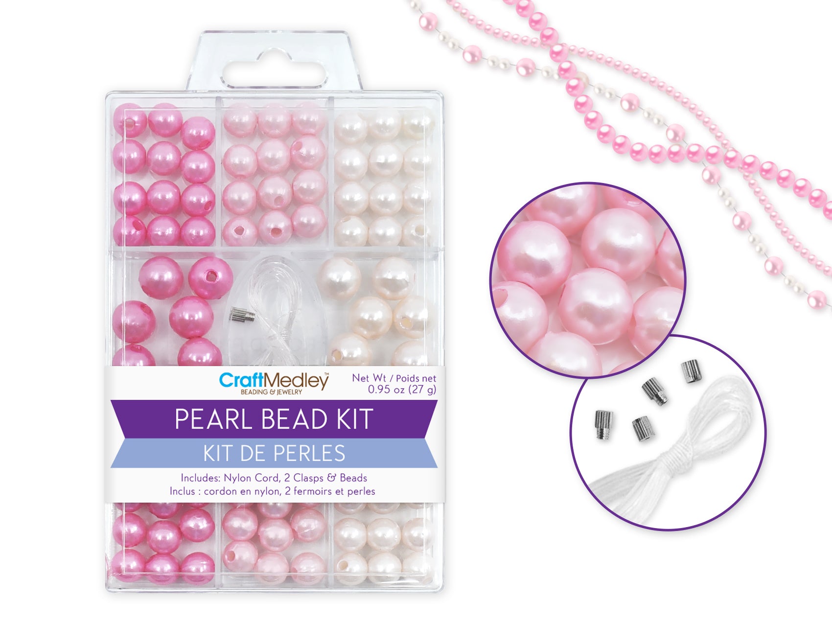Pink Pearl Bead Kit with Cord and Clasps