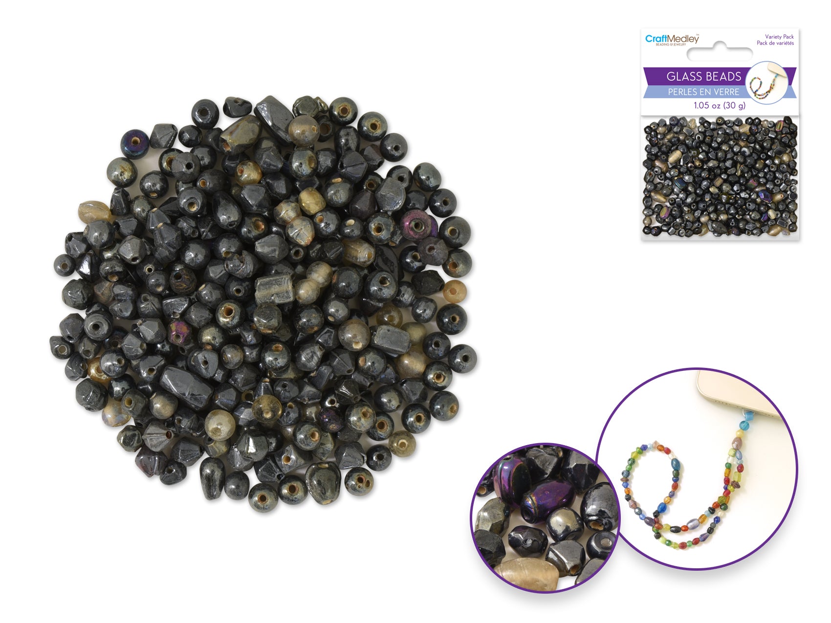 Graphite Glass Beads, 4-6mm, 30g