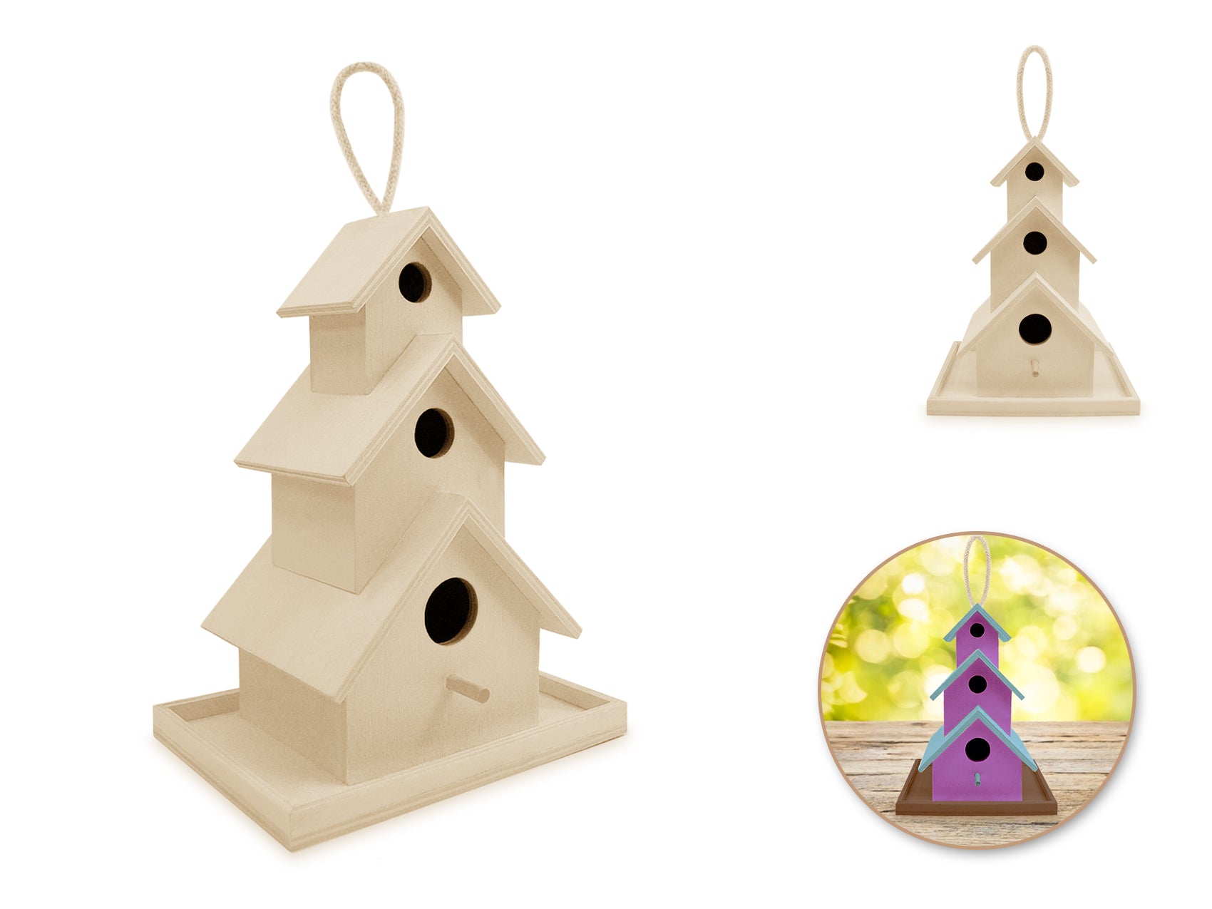 DIY 3-Story Wooden Birdhouse with Jute Hanger