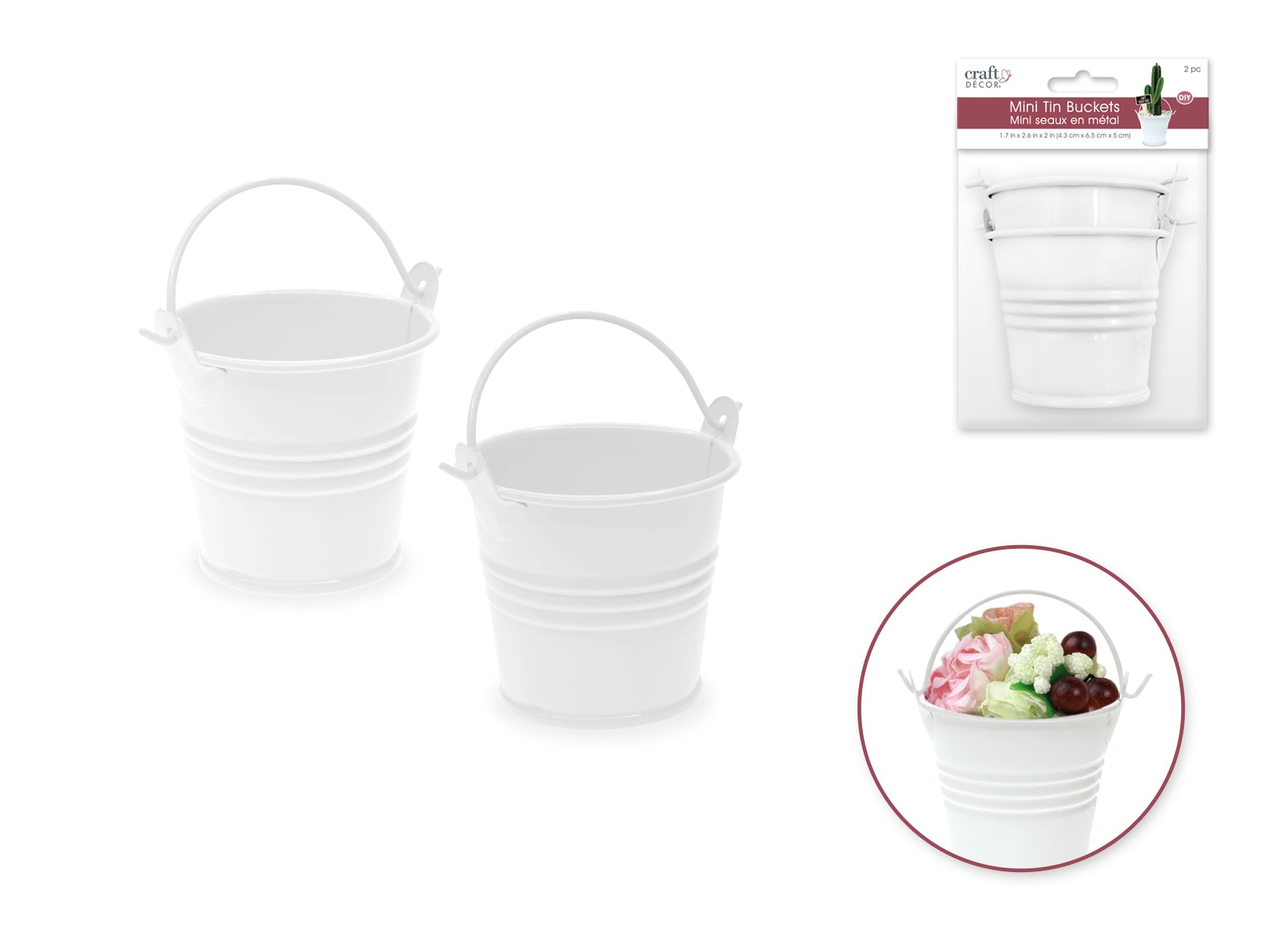 Craft Decor DIY Mini Tin Buckets, 2 Pack, White