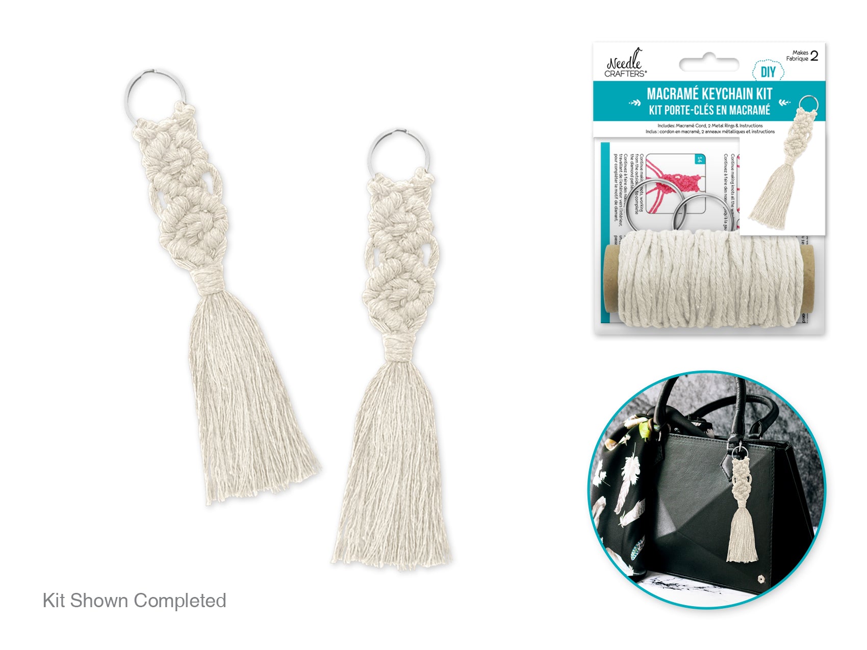 DIY Macramé Keychain Kit with Key Rings, Makes 2, Ecru
