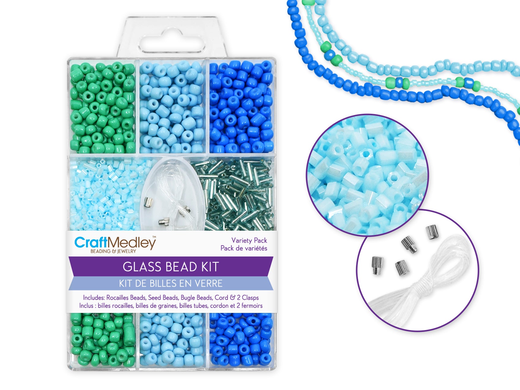 Glass Bead Kit with Cord and Clasps, Blue