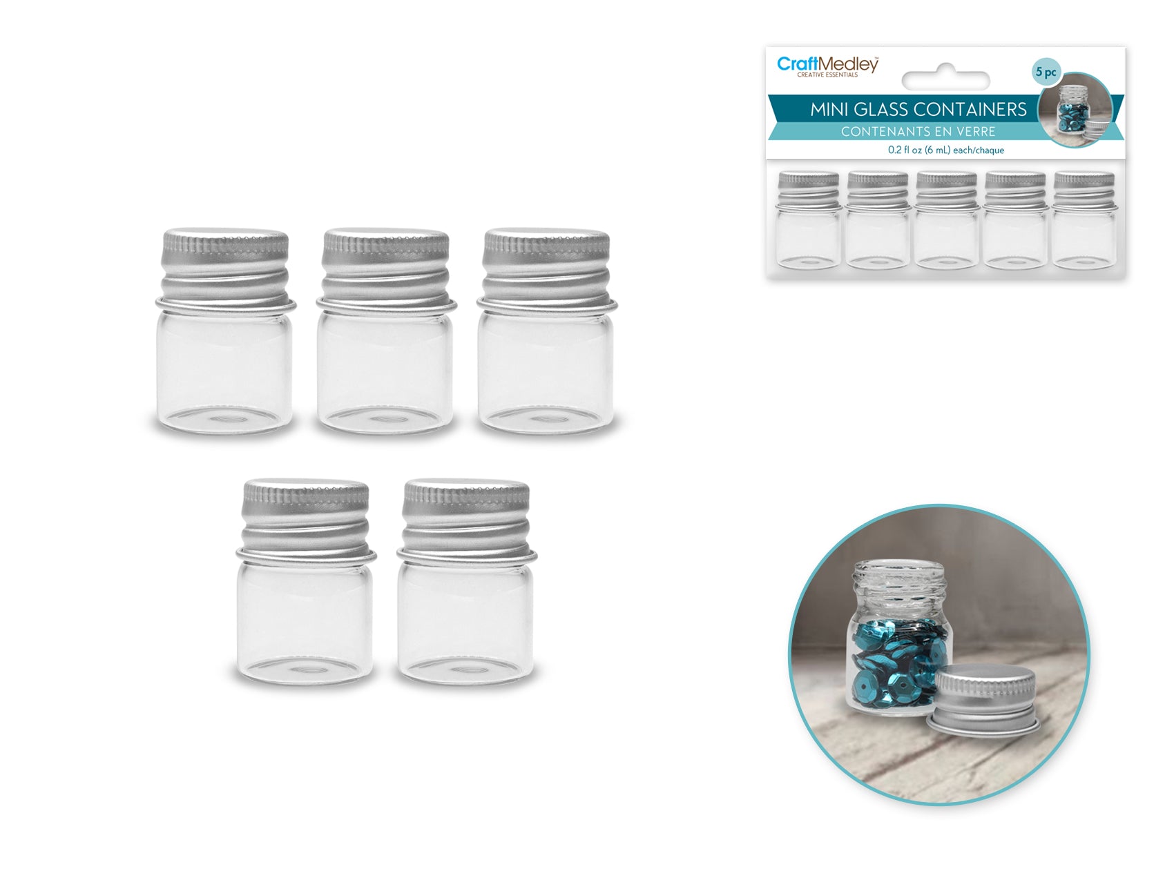 Mini Glass Bottles with Matte Aluminum Caps, 6 mL, 5-Pack