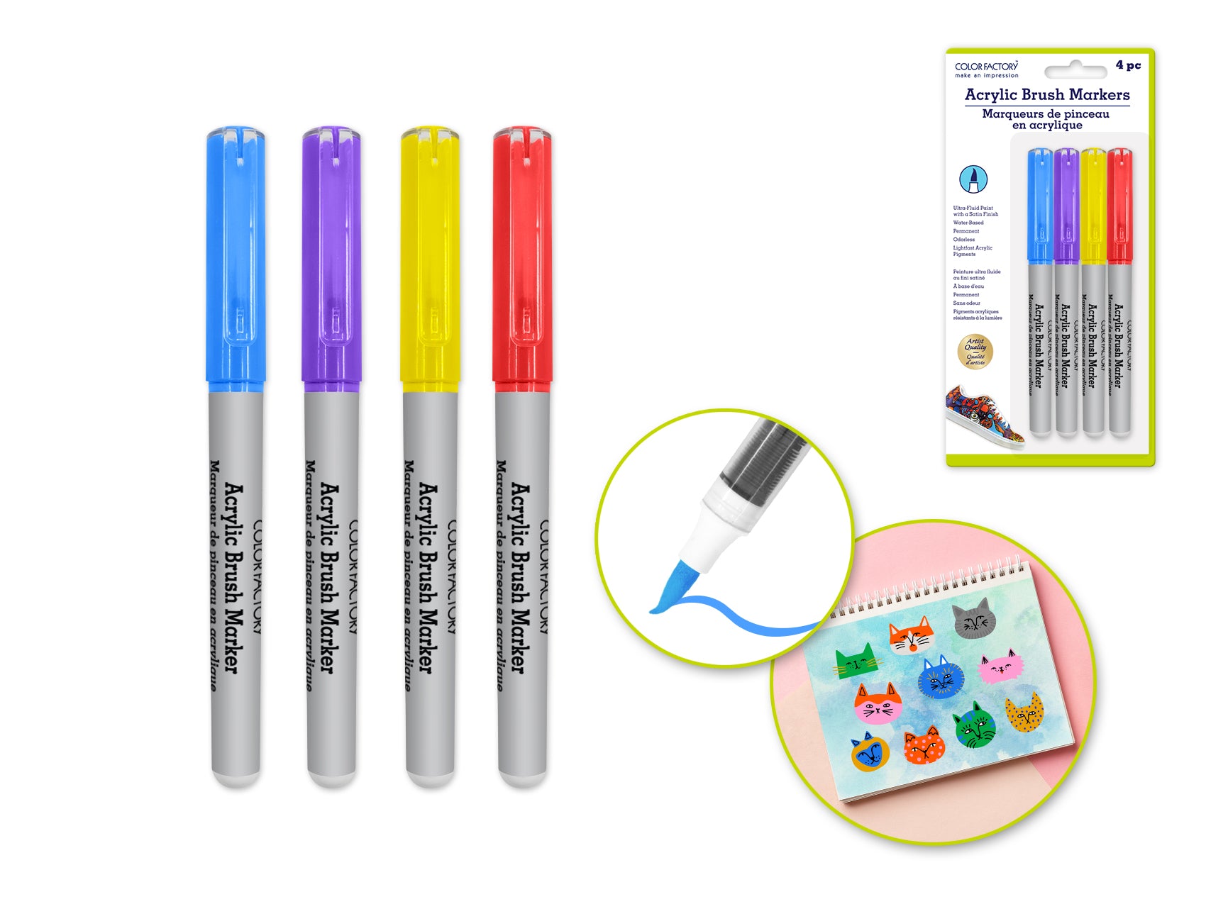 Color Factory 2g Straight Liquid Acrylic Paint Markers, 4 Pack, Bright Colors