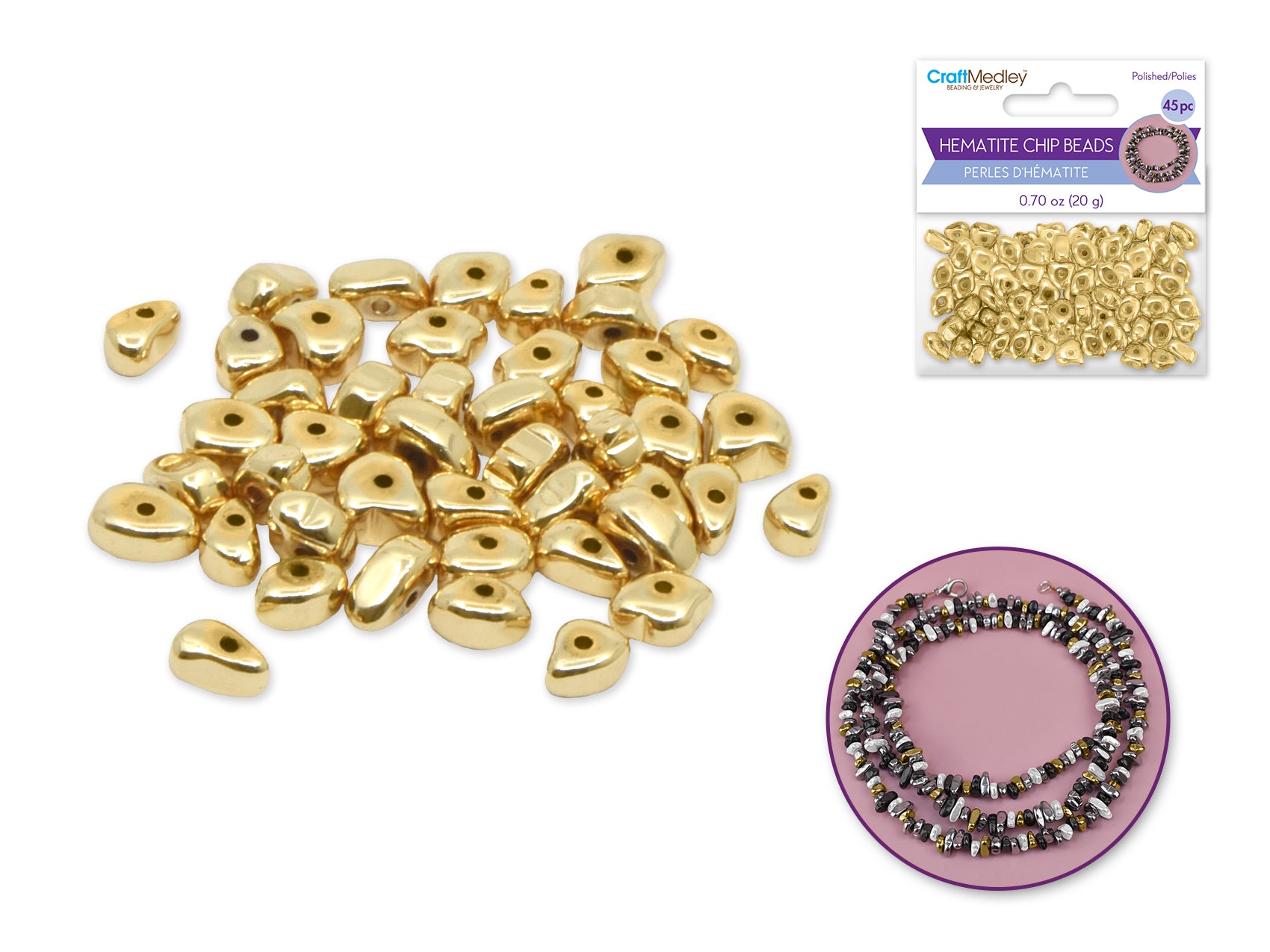 Craft Medley Polished Hematite Chip Beads, Gold, 20g