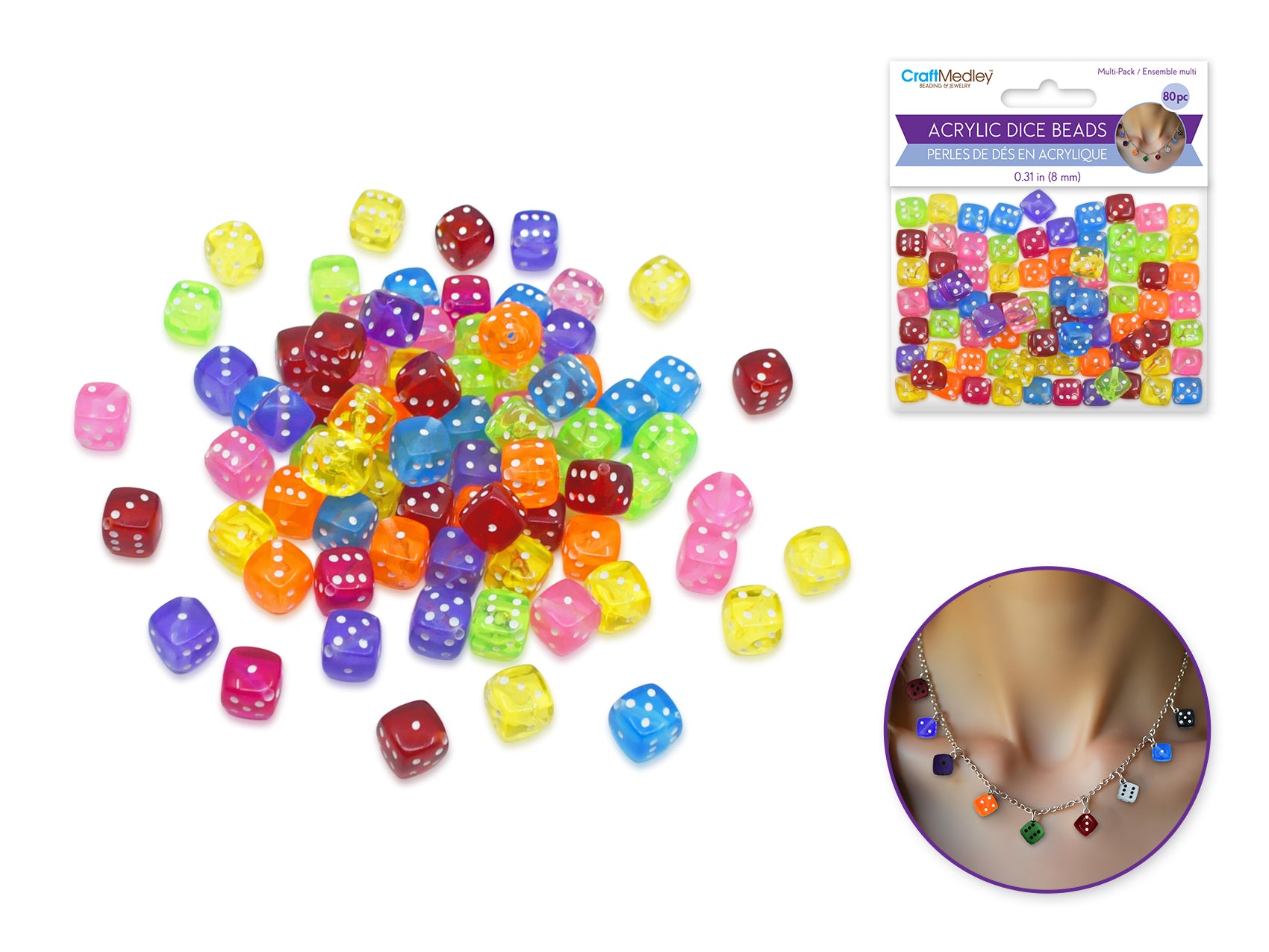 Acrylic Dice Beads, 8mm, Translucent Colors, 80 Pieces