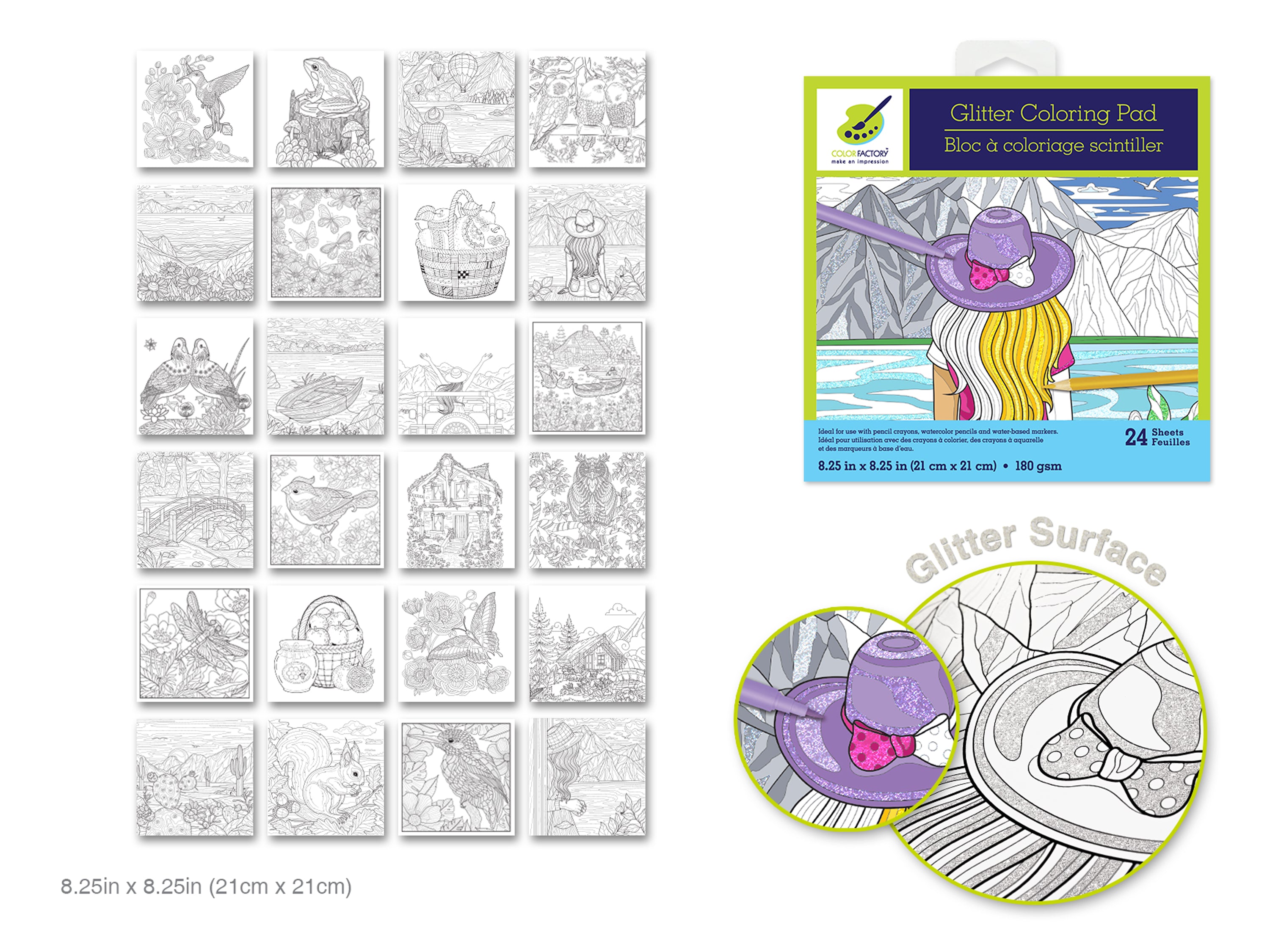 Glitter Coloring Pad, 8.25" x 8.25", 24 Sheets