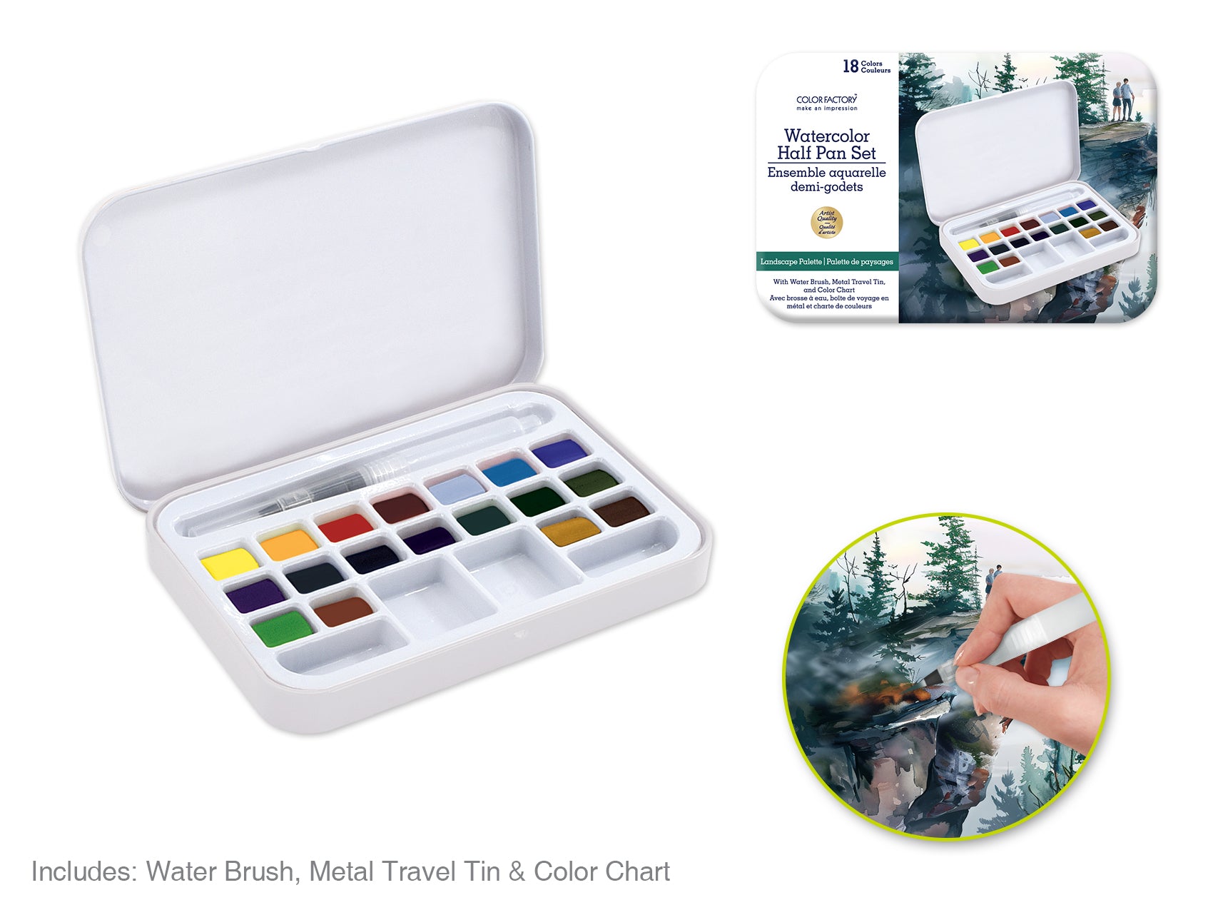 18-Color Portable Watercolor Paint Set with Water Brush and Landscape Palette