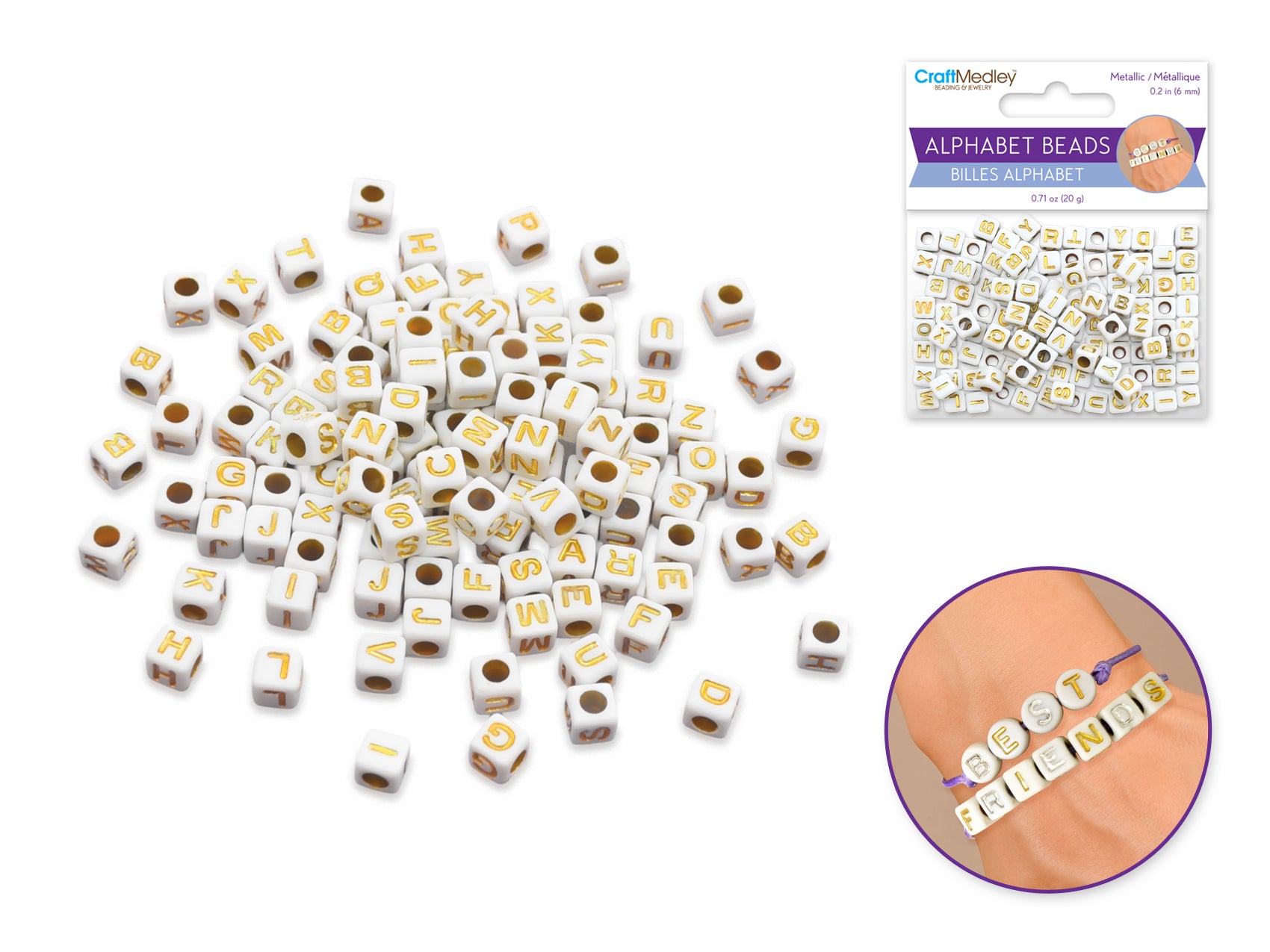Alphabet Beads 20g Metallic Etched 6mm Cube Beads White/Gold
