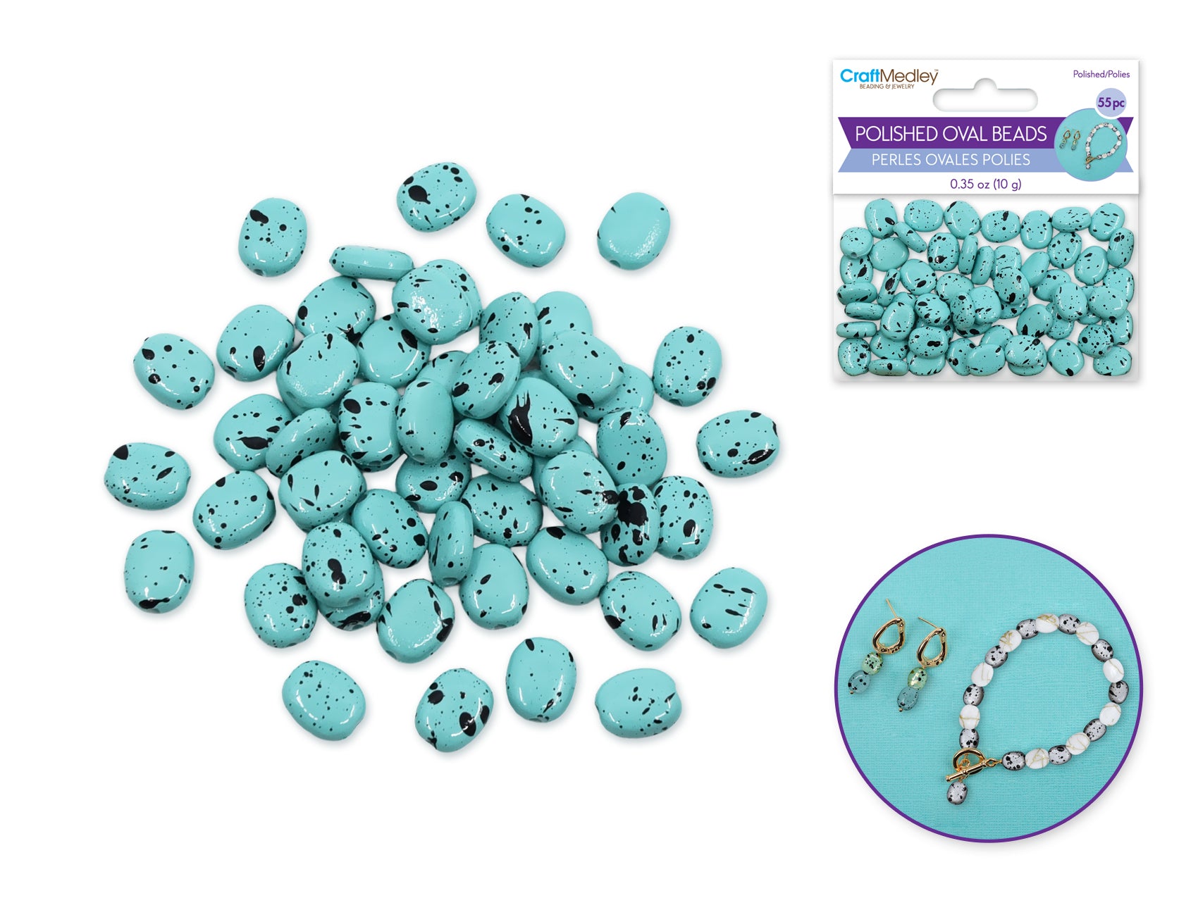 Craft Medley Polished Speckled Oval Beads, 8-10mm, Robin’s Egg Blue