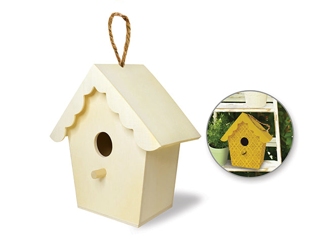 Wood Craft Birdhouse with Jute Hanger, Scallop Roof