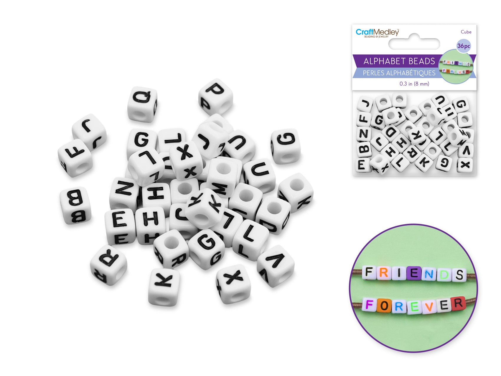 Alphabet Beads, 8mm Cube, 36 Count, White with Black Letters