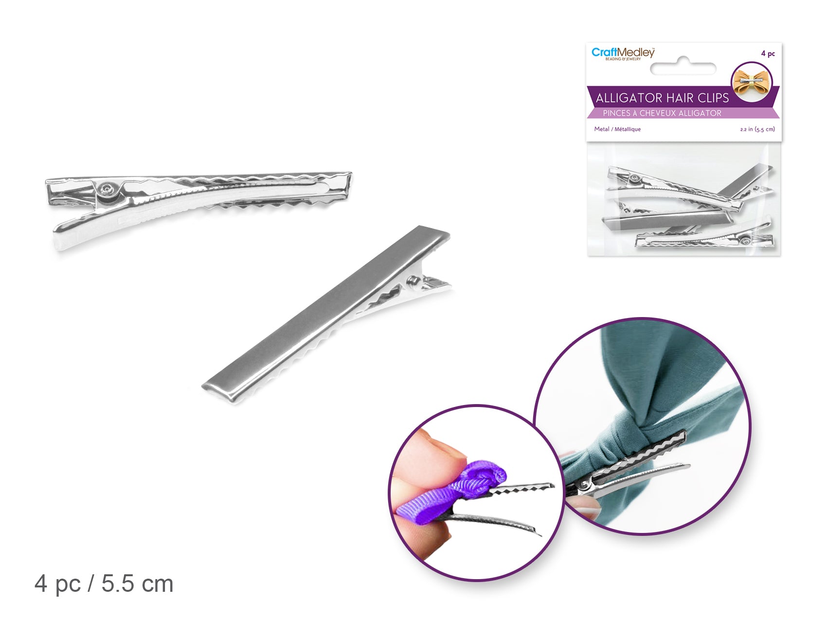Silver Metal Alligator Hair Clips, 4 Pack